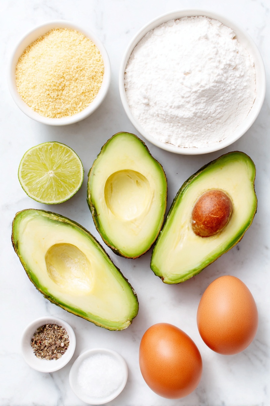 Baked Avocado Fries, healthy avocado snacks, crispy baked avocado slices, vegetarian appetizer ideas, easy avocado recipes - Flat lay of two large sliced avocado wedges with bright green flesh and dark skin, one halved fresh lime with visible juicy pulp, two whole uncracked brown eggs, a small white ceramic bowl of fine white flour, a small white ceramic bowl filled with golden panko bread crumbs, a small white ceramic bowl containing coarse ground black pepper, a small white ceramic bowl with kosher salt crystals, placed on a clean white marble surface, soft natural light, photo taken with an iPhone, professional food photography style, fresh ingredients, white ceramic bowls, no bottles, no duplicates, no utensils, no packaging --ar 2:3 --v 7 --p m7354615311229779997