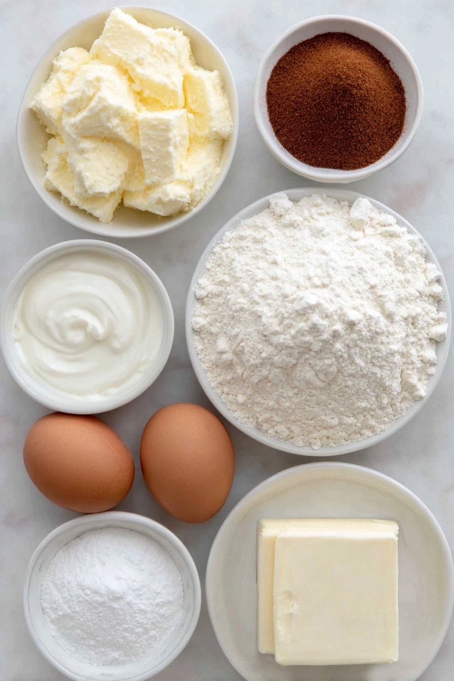 Cinnamon Bundt Cake with Cream Cheese Icing, cinnamon bundt cake, easy cinnamon cake recipe, soft cinnamon cake with icing, holiday bundt cake desserts - Flat lay of a small mound of golden unsalted butter, two large brown eggs with clean shells, a small white bowl filled with thick white sour cream, a small white bowl holding clear pale vanilla extract, a neat pile of white all-purpose flour, a small white bowl of light beige baking soda powder, a small white bowl with fine ground cinnamon powder, a small white bowl containing light brown packed brown sugar, a block of creamy white cream cheese, a small white bowl of fine white powdered sugar, a small white bowl filled with creamy light 2% milk, all ingredients arranged symmetrically on a clean white ceramic surface, placed on a clean white marble surface, soft natural light, photo taken with an iPhone, professional food photography style, fresh ingredients, white ceramic bowls, no bottles, no duplicates, no utensils, no packaging --ar 2:3 --v 7 --p m7354615311229779997