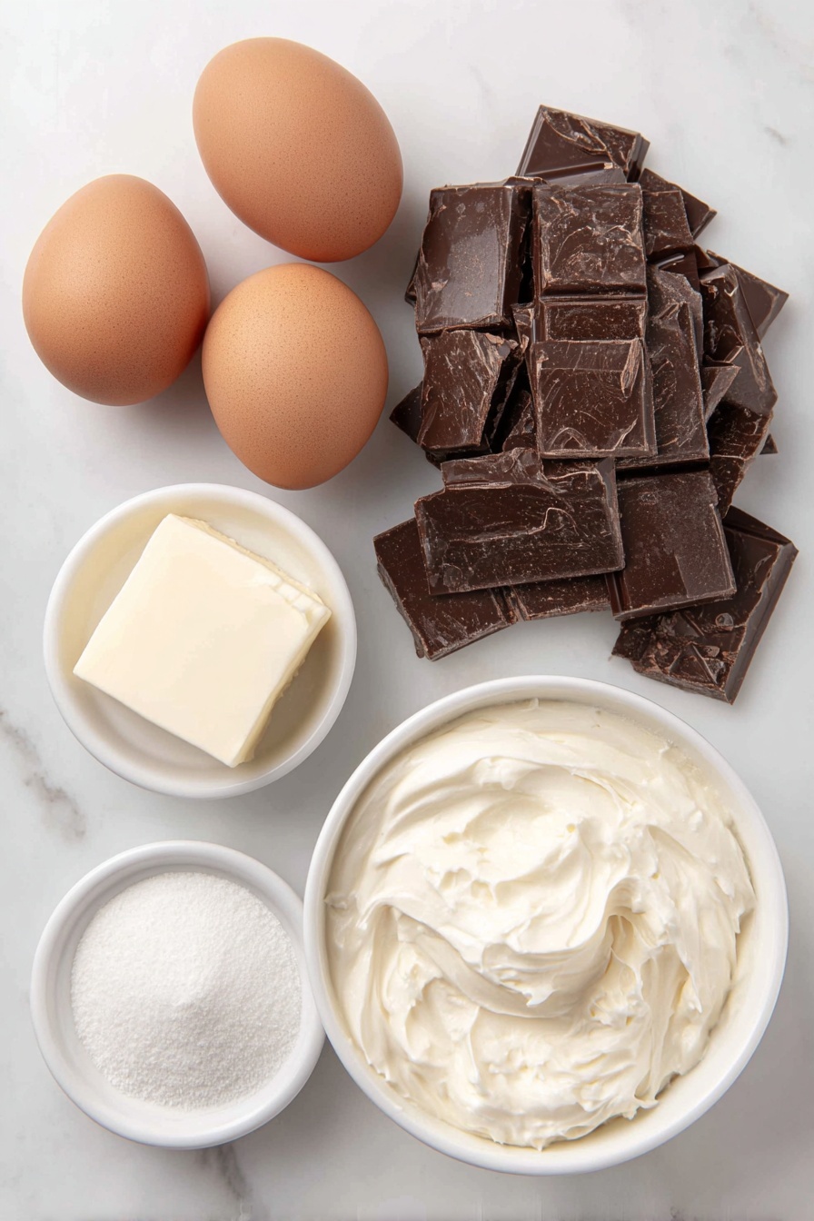 Decadent Chocolate Mousse, rich chocolate mousse recipe, silky chocolate mousse, easy chocolate mousse, homemade chocolate mousse - Flat lay of three whole brown eggs with clean shells, a small pile of broken dark cooking chocolate pieces with a rich deep brown color, a small pat of creamy unsalted butter, a small white ceramic bowl filled with thick full-fat cream, and a small white ceramic bowl containing fine white caster sugar, a few thin delicate chocolate shavings artfully scattered on the side, all arranged in perfect symmetry on a clean white marble surface, soft natural light, photo taken with an iPhone, professional food photography style, fresh ingredients, white ceramic bowls, no bottles, no duplicates, no utensils, no packaging --ar 2:3 --v 7 --p m7354615311229779997