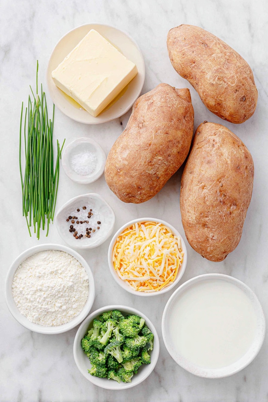 Cheesy Broccoli Baked Potatoes, baked potato with cheesy broccoli, cheesy broccoli stuffed baked potato, easy baked potato recipes, wholesome comfort food - Flat lay of two large russet potatoes with rough brown skin, a small white ceramic bowl with golden olive oil, a small white bowl of coarse kosher salt, a small white bowl with whole black peppercorns, a few fresh green chives with slender stalks, a small white bowl of pale yellow unsalted butter, a small white bowl of fine all-purpose flour, a small white bowl filled with creamy whole milk, a small white bowl with bright orange shredded medium cheddar cheese, and a small white bowl of finely chopped vibrant green broccoli florets, all arranged in perfect symmetry on a clean white marble surface, soft natural light, photo taken with an iPhone, professional food photography style, fresh ingredients, white ceramic bowls, no bottles, no duplicates, no utensils, no packaging --ar 2:3 --v 7 --p m7354615311229779997
