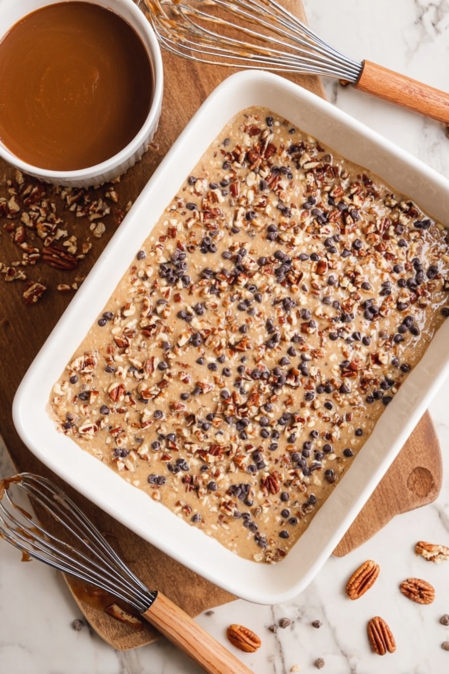 German Chocolate Poke Cake, chocolate poke cake recipe, coconut pecan cake, easy German chocolate dessert, moist chocolate cake with fudge - A white baking dish filled with a light brown batter, spread evenly, and topped with a mix of small chopped nuts, dark chocolate chips, and seeds, creating a textured and colorful top layer. To the left of the dish is a white bowl with a thick brown sauce sticking to the sides, and below on the wooden surface is a whisk with a wooden handle and a few scattered nuts around it. The background is a white marbled texture. Photo taken with an iphone --ar 2:3 --v 7