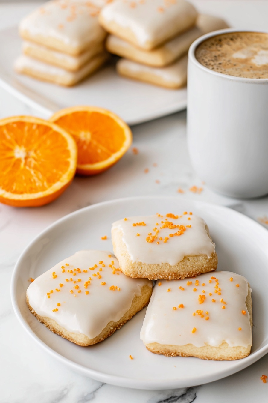 Cardamom Shortbread Cookies with Orange Glaze, citrus shortbread cookies, flavored holiday cookies, spiced butter cookies, orange glaze dessert - The image shows a stack of four square cookies with smooth white icing on top, slightly dripping down the sides. The cookies are light golden brown with a crumbly texture. The top cookie has small orange zest pieces sprinkled on its icing. Around the stack, there are other similar white-iced square cookies lying flat on a white marbled surface. The background is softly blurred with warm, light bokeh. photo taken with an iphone --ar 2:3 --v 7