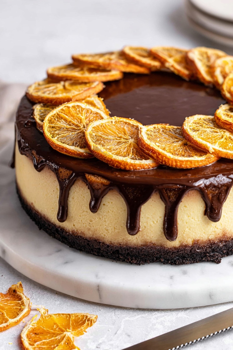 Chocolate Orange Cheesecake, orange chocolate cheesecake, no-bake cheesecake with orange, citrus and chocolate dessert, decadent orange chocolate treat - The image shows a round cheesecake with three layers, placed on a white marbled surface. The bottom layer is a dark, crumbly crust. The middle layer is a thick, creamy pale yellow cheesecake with a smooth texture. The top layer is a glossy dark chocolate glaze that gently drips down the sides. On top of the cheesecake, there are evenly spaced dried orange slices standing upright in a circle around the edge. A serrated knife lies beside the cheesecake on the white marble. Photo taken with an iphone --ar 2:3 --v 7