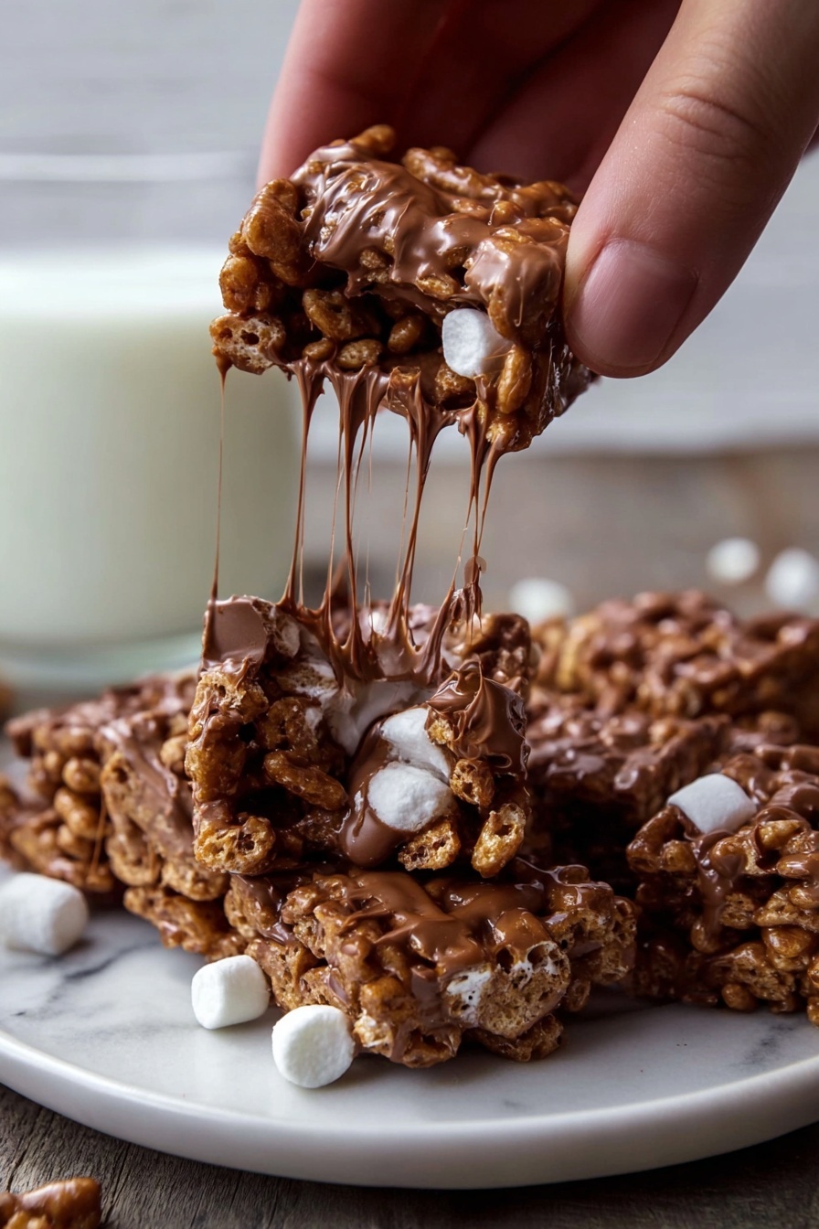 Golden Grahams S'mores Bars, s'mores bars without baking, easy s'mores dessert, no-bake cereal bars, campfire s'mores treats - A close-up of a woman's hand holding a piece of chocolate treat made with square cereal pieces and small white marshmallows, all coated and stuck together with melted chocolate that looks sticky and stretchy, showing strings of chocolate pulling as the treat is being broken. In the background, part of a white plate with more pieces of the treat and a glass of milk can be seen on a white marbled surface. photo taken with an iphone --ar 2:3 --v 7