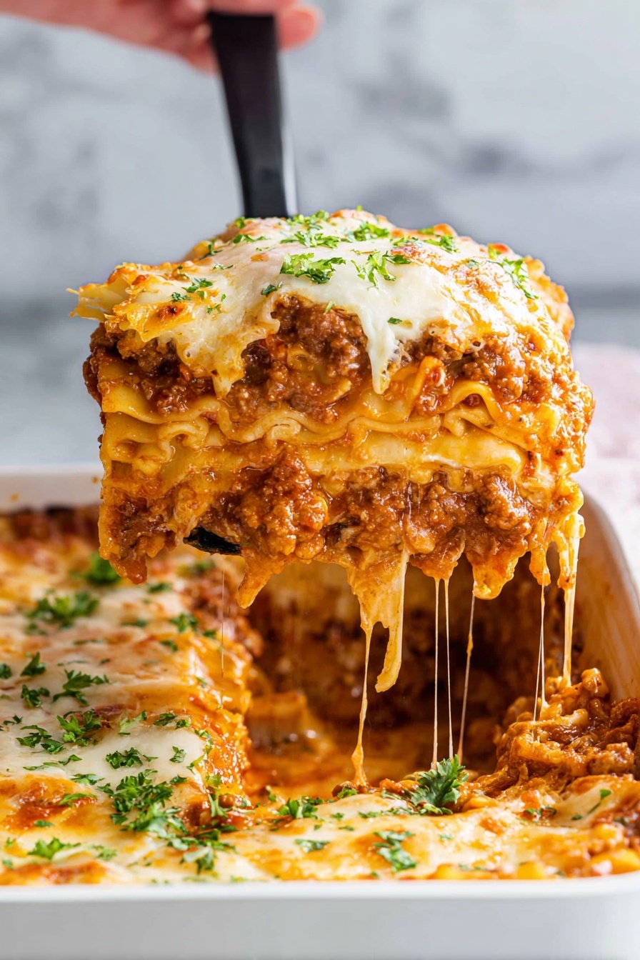 Best Ever Classic Meat Lasagna, homemade meat lasagna, cheesy meat lasagna, hearty lasagna recipe, family favorite lasagna - The image shows a close-up of a large piece of lasagna being lifted from a white baking dish by a black spatula held by a woman's hand. The lasagna has several visible layers: a top layer of melted and slightly browned cheese with green parsley sprinkled on it, beneath that a layer of orange cheese mixed with meat sauce, then pasta sheets, a creamy white cheese layer, another pasta sheet, and a thick bottom layer of meat sauce. The cheese stretches in long strands from the lifted piece back to the dish, giving a melted and stretchy look. The dish sits on a white marbled surface with a blurred background. photo taken with an iphone --ar 2:3 --v 7