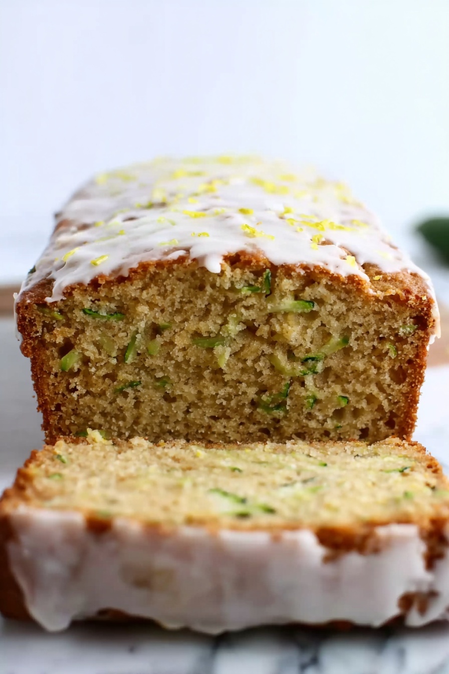 Lemon Zucchini Bread, Lemon Zucchini Bread recipe, citrus zucchini bread, moist zucchini bread, easy lemon zucchini bread - A loaf of zucchini bread sliced at the front, showing a moist texture with small green zucchini pieces spread inside the light brown crumb. The top layer and edges of the bread have a thin white icing drizzle that covers the whole surface unevenly with small yellow bits sprinkled on top. The bread sits directly on a white marbled surface, with the background also white marbled, creating a clean bright setting. photo taken with an iphone --ar 2:3 --v 7