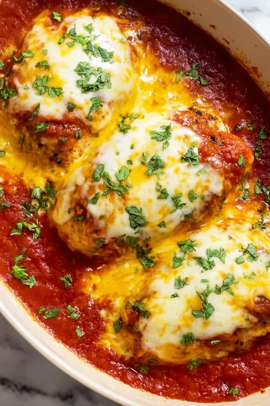 Salsa Chicken Bake, quick chicken casserole, easy dinner recipe, cheesy baked chicken, flavorful weeknight dinner - The image shows three large pieces of cooked chicken placed in a white ceramic dish, each covered with melted layers of yellow and white cheese. The chicken is partially submerged in a thick, rich red tomato sauce, which fills the spaces between the pieces. Bright green herbs are sprinkled over the cheese and sauce, adding a fresh look. The cheese has a smooth, slightly bubbly texture, while the sauce looks thick and hearty. The background features a white marbled surface. photo taken with an iphone --ar 2:3 --v 7