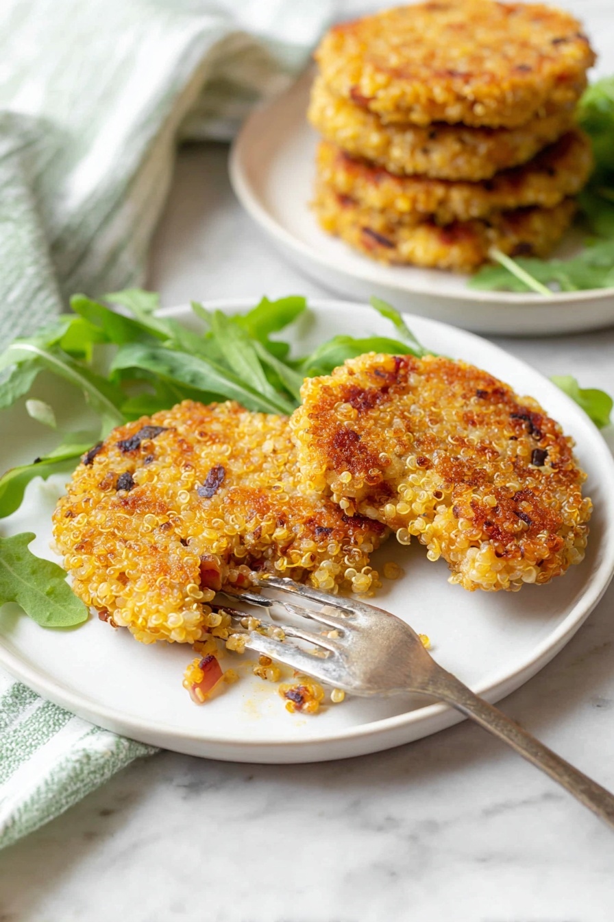 Quinoa Patties with Mozzarella, Quinoa and Mozzarella Patties, Healthy Quinoa Patties, Crispy Quinoa Snacks, Easy Vegetarian Quinoa Dish - The image shows two white plates on a white marbled surface. The front plate has two golden-brown quinoa patties with visible small pieces of red onion and crispy edges, one of which has a small piece taken off on a silver fork resting on the plate. There are a few fresh green arugula leaves placed beside the patties. The back plate, slightly out of focus, holds a stack of four similar quinoa patties. A green and white striped cloth napkin is partially visible on the left side. The light is natural and soft, making the colors warm and inviting. Photo taken with an iphone --ar 2:3 --v 7