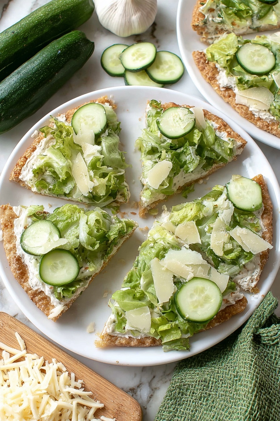 Viral Chicken Crust Caesar Salad Pizza, low carb chicken crust pizza, chicken salad pizza recipe, healthy chicken crust pizza, crispy chicken crust cauliflower pizza - The image shows a white plate on a white marbled surface holding four slices of a flat dish. Each slice has a light brown crust base, a thin white creamy layer on top, followed by a thick layer of leafy green lettuce and round cucumber slices mixed evenly. Some shreds of pale cheese are scattered on the greens. Around the plate, there is a whole garlic bulb, a whole cucumber, a green textured cloth, and a wooden board with shredded pale cheese. The photo taken with an iphone --ar 2:3 --v 7