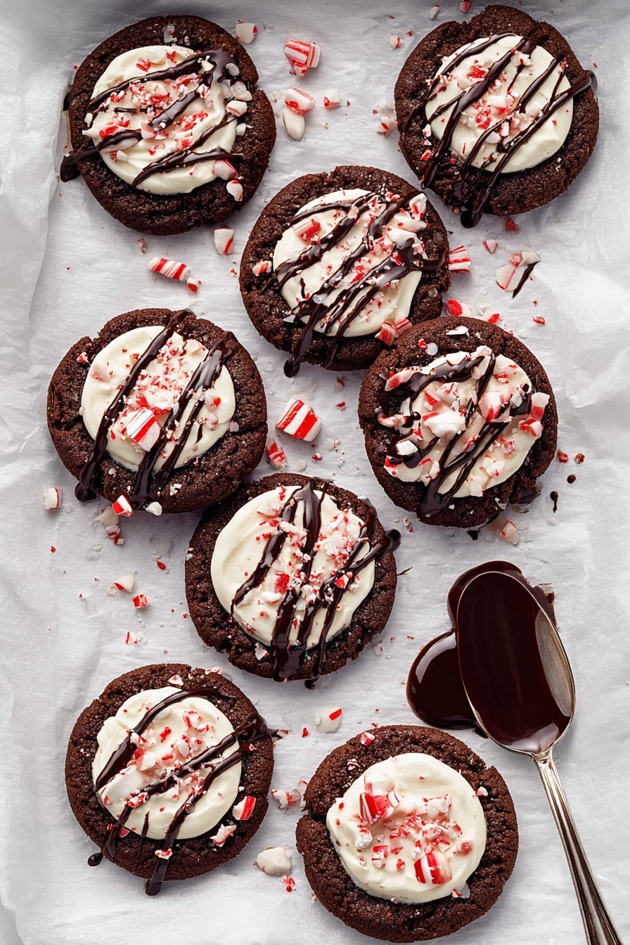 Peppermint Hot Chocolate Cookies, hot chocolate cookie recipe, festive peppermint cookies, holiday chocolate cookies, peppermint dessert ideas - The image shows eight round chocolate cookies placed on white parchment paper on a white marbled surface. Each cookie has three layers: a dark brown base layer with a soft, cracked texture; a smooth, white cream circle on top in the center; and crushed red and white peppermint pieces sprinkled over the cream. Thin ribbons of dark chocolate drizzle crisscross over both the cream and cookie layers. A silver spoon with thick dark chocolate sauce rests near the cookies, adding a glossy texture. The overall scene is bright with a clean background highlighting the rich colors of the cookies. Photo taken with an iphone --ar 2:3 --v 7