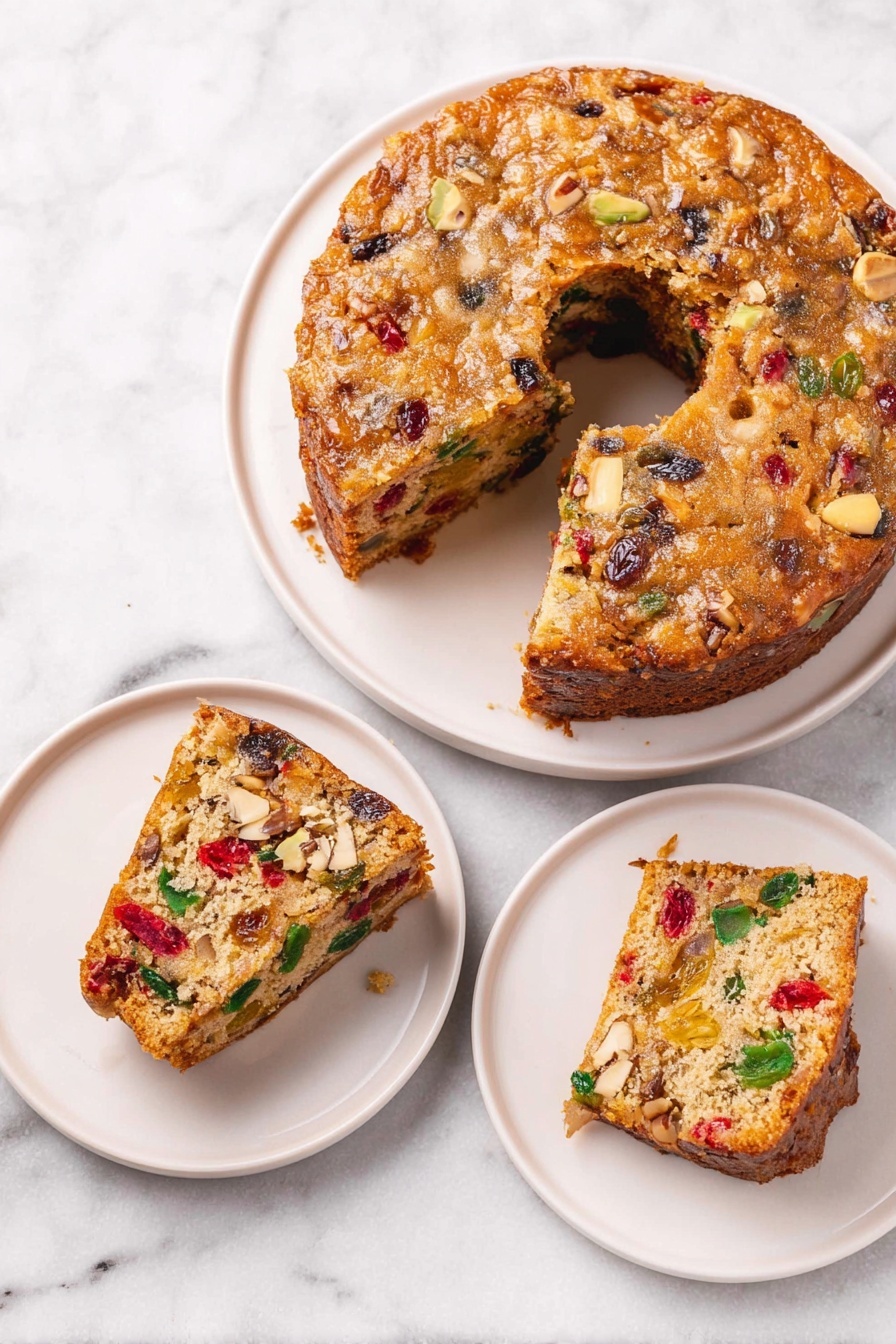 Easy Fruit Cake with Candied Fruits, fruit cake recipe, holiday fruit cake, easy festive cake, candied fruit dessert - The image shows a round fruitcake with a hole in the center, placed on a white plate on a white marbled surface. The cake has a light brown, slightly textured top with visible mixed nuts and dried fruits embedded throughout. A single slice is cut and slightly pulled out, revealing the dense interior filled with green, red, and dark pieces of candied fruit and nuts in an off-white cake base. The cake looks moist with a rough surface on the edges of the slice. photo taken with an iphone --ar 2:3 --v 7
