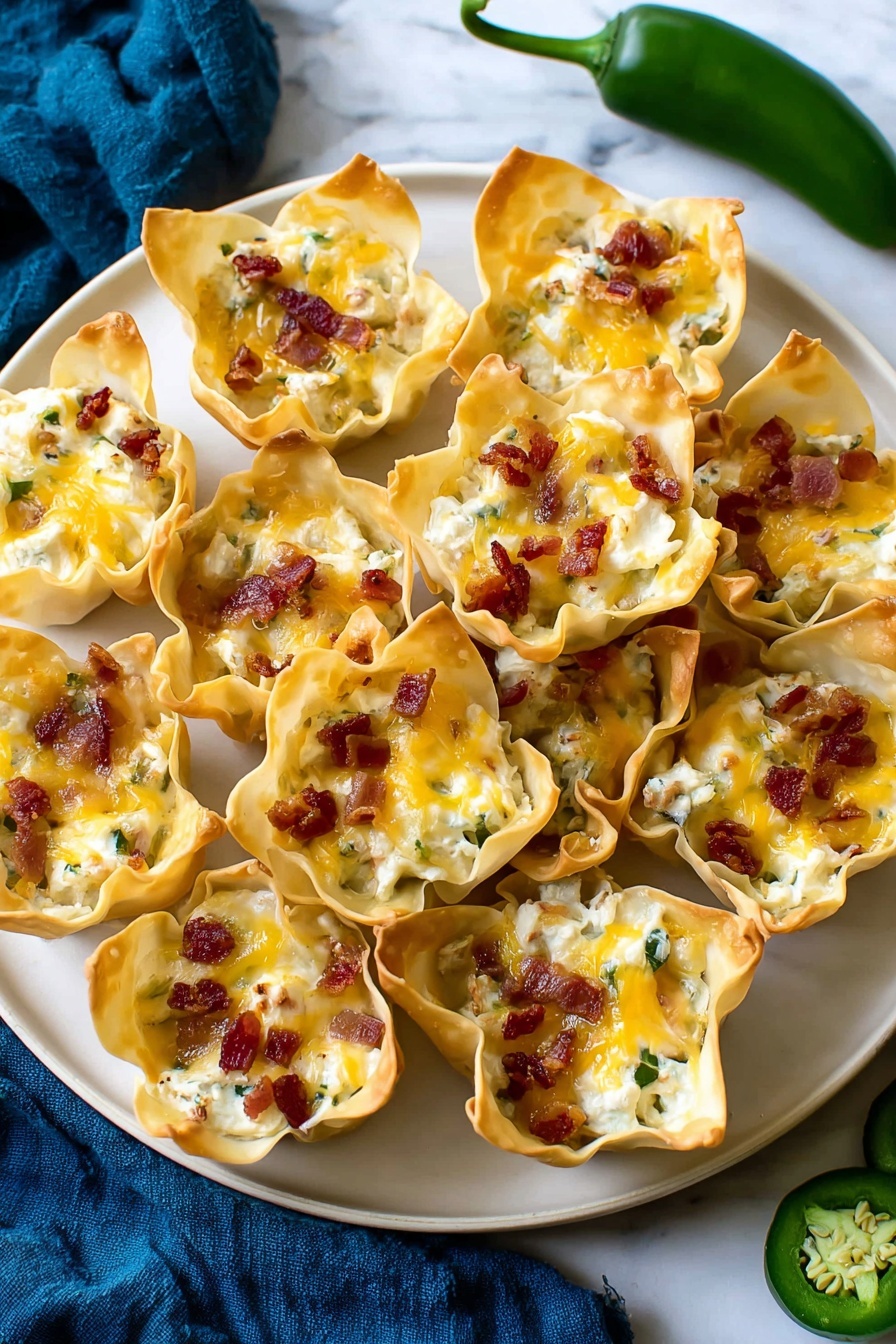 Jalapeno Popper Wonton Cups, spicy appetizer recipes, cheesy jalapeno bites, bacon stuffed wonton cups, easy party snacks - On a white plate set on a white marbled surface, there are eleven crispy golden brown wonton cups arranged closely together, each filled with a creamy white mixture that includes small green bits of jalapeño, topped with melted yellow cheddar cheese and small dark red pieces of crispy bacon; the wonton cups have uneven, slightly ruffled edges, and the colors of the filling contrast with the light golden shell and white plate; two green jalapeños and a blue cloth are visible near the plate; photo taken with an iphone --ar 2:3 --v 7