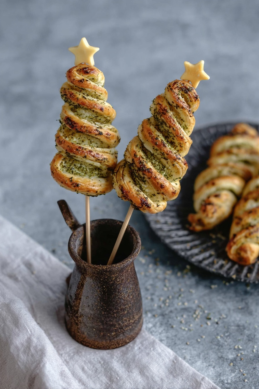 Pesto Puff Pastry Christmas Trees, festive appetizer recipes, holiday party appetizers, easy Christmas snacks, cute holiday finger foods - The image shows two puff pastry snacks shaped like Christmas trees, each made of several wavy layers of golden-brown dough twisted tightly. The pastry trees have a dusting of green herb seasoning on the surface, giving a speckled green and tan look. Each tree is on a wooden stick, topped with a small pale yellow star-shaped cheese piece. The sticks are placed inside a rustic, dark brown metal pitcher, standing on a white marbled surface with a white cloth next to it. In the background, more pastry trees lie on a dark gray textured plate, slightly blurred to keep the focus on the front two. photo taken with an iphone --ar 2:3 --v 7