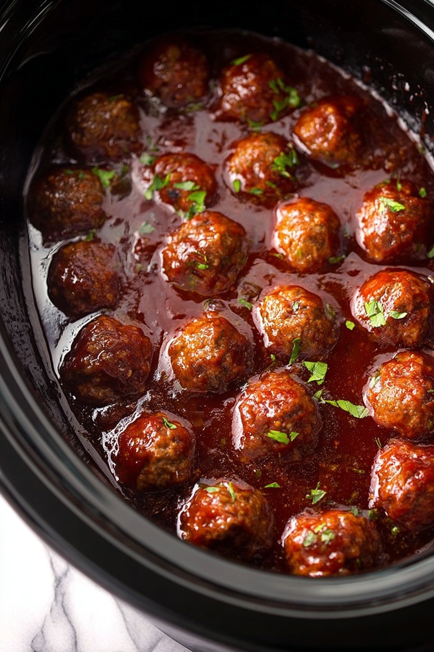 Bourbon Slow Cooker Meatballs, easy meatball appetizers, slow cooker meatball recipes, party meatballs with bourbon, flavorful meatball dinner - Inside a black slow cooker, there are two layers: the bottom layer is a thick, dark red sauce with a shiny surface, and on top are many small, round meatballs coated in the sauce. The meatballs are brown with a slightly textured surface and are sprinkled with small green herbs. The sauce glistens and pools around the meatballs, creating reflections in the slow cooker. The background visible outside the slow cooker shows a white marbled texture. photo taken with an iphone --ar 2:3 --v 7
