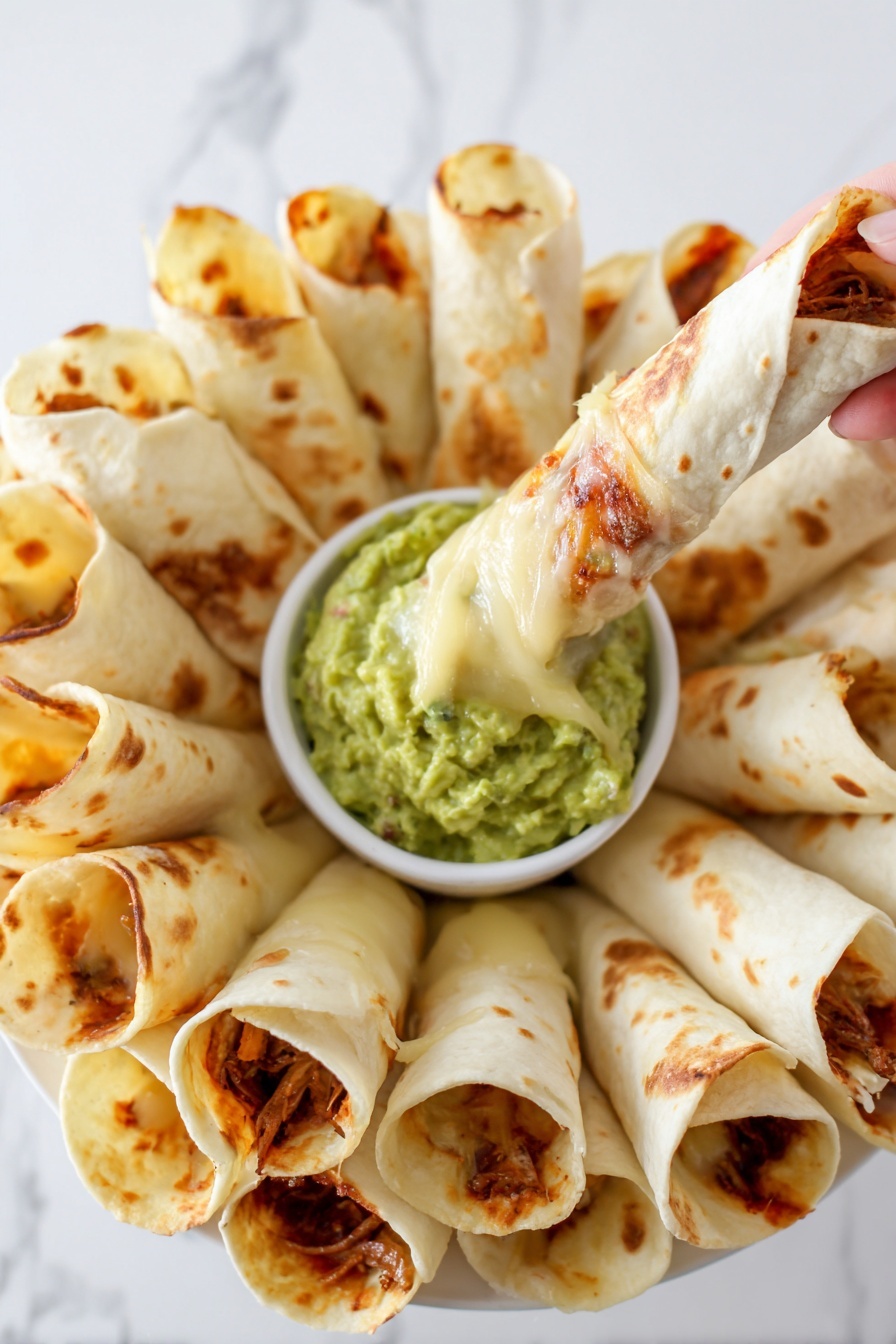 Burrito Ring with Chicken and Cheese, chicken burrito ring, cheesy baked burrito ring, festive appetizer recipes, party dish ideas - A white plate on a white marbled surface holds about ten rolled tortillas arranged in a circular pattern. Each tortilla is slightly toasted with some brown spots and melted cheese visible on a few pieces. In the center of the plate, there is a small white bowl filled with green guacamole that has a smooth but slightly chunky texture. A woman's hand with red painted nails is lifting one tortilla upright, showing some melted cheese stretching between the tortilla and the plate, adding a melted, stringy texture to the scene. The lighting is bright and clean, emphasizing the fresh colors and textures. photo taken with an iphone --ar 2:3 --v 7