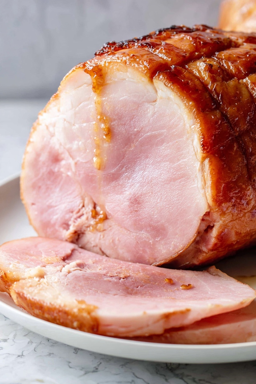 Brown Sugar Mustard Glazed Ham, glazed ham recipe, holiday ham ideas, sweet and tangy ham, easy ham glaze - A thick slice of cooked ham with a shiny light pink inside and a brown outside crust sits on a white plate. You can see the glossy glaze coating the top and sides, with some darker caramelized spots around the edges. The ham is juicy and soft, with smooth texture and slight marbling of fat near the edges. The slice is placed in front of a large chunk of the remaining ham, showing a similar layered texture and a slightly wrinkled outer skin. The plate rests on a white marbled surface. Photo taken with an iphone --ar 2:3 --v 7