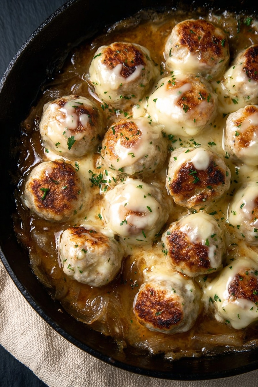 French Onion Chicken Meatballs Skillet, French onion chicken meatballs, savory chicken meatball skillet, caramelized onion chicken recipe, cheesy chicken meatballs - The image shows a black cast iron pan filled with golden brown meatballs topped with melted white cheese that has a light browned crust. The meatballs rest in a rich brown onion sauce with visible caramelized onion slices and small green herb sprigs scattered on top. A silver spoon is partly dipped into the sauce on the left side of the pan, and the scene is set on a white marbled textured surface. photo taken with an iphone --ar 2:3 --v 7