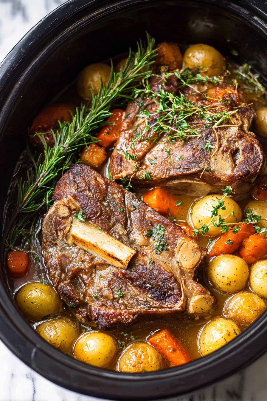 Slow Cooker Pork Roast with Vegetables, pork roast recipes, easy slow cooker dinner, hearty pork slow cooker meal, flavorful pork roast with vegetables - Inside a black slow cooker, there is one large browned piece of meat placed in the center, surrounded by small whole golden potatoes and thick orange carrot chunks. The dish is garnished with sprigs of fresh green rosemary and thyme scattered on top. A light brown broth fills the bottom and coats the ingredients, creating a shiny texture. The slow cooker sits on a white marbled surface. photo taken with an iphone --ar 2:3 --v 7