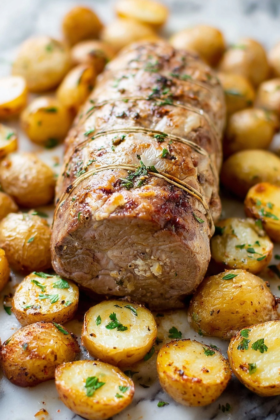 Stuffed Pork Tenderloin, Stuffed Pork Tenderloin recipe, pork tenderloin stuffed with spinach and sun-dried tomatoes, easy stuffed pork recipe, elegant pork dinner - A cooked, round roast tied with string is placed in the center on a white marbled surface, showing a light golden brown roasted exterior with some herbs sprinkled on top. Surrounding the roast are many halved roasted potatoes with golden brown spots and light green herb garnishes, positioned unevenly around the roast. The texture of the roast is smooth with some crispy edges, and the potatoes have a slightly crispy outer skin with soft, light yellow flesh inside. photo taken with an iphone --ar 2:3 --v 7