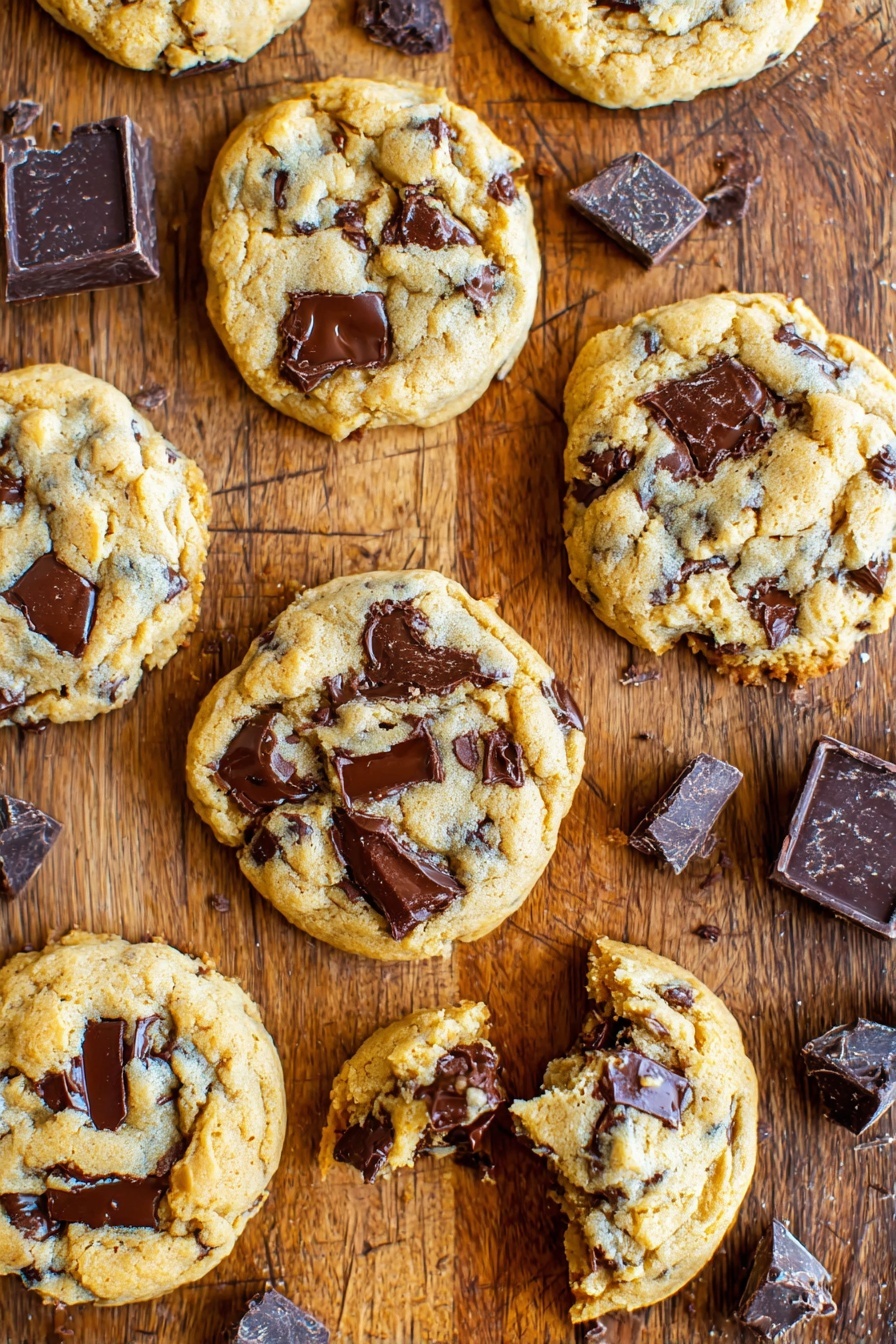 Cream Cheese Chocolate Chip Cookies, how to make cream cheese cookies, soft chocolate chip cookies with cream cheese, best cream cheese cookies recipe, easy cream cheese cookie recipe - The image shows a group of seven light golden brown chocolate chip cookies with soft, chunky textures. Each cookie is thick with visible melted and solid dark chocolate chunks embedded throughout the surface. The cookies are laid flat on a scratched wooden cutting board with a rustic feel. Some extra chocolate chunks are scattered around the cookies on the board. One cookie in the lower right corner has a bite taken out of it, showing the dense inside filled with chocolate pieces. The scene has warm lighting highlighting the cookies' textures and colors. Photo taken with an iphone --ar 2:3 --v 7