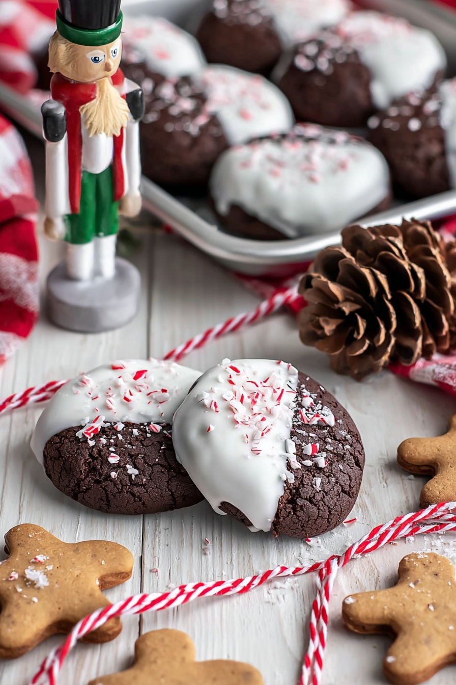 Chocolate Peppermint Candy Cane Cookies, festive holiday cookies, peppermint chocolate cookies, holiday cookie recipes, candy cane dessert ideas - The image shows dark brown chocolate cookies lightly cracked on the surface, each half-dipped in smooth white icing and sprinkled with small red and white peppermint bits on top. The cookies are arranged on a white wooden table and a silver baking tray, accompanied by several natural pine cones. Bright red and white striped string weaves through the cookies, adding a festive touch. A wooden nutcracker figure wearing white and green sits in the background holding small wooden gingerbread-shaped decoration pieces. The overall scene feels warm and holiday-themed. photo taken with an iphone --ar 2:3 --v 7