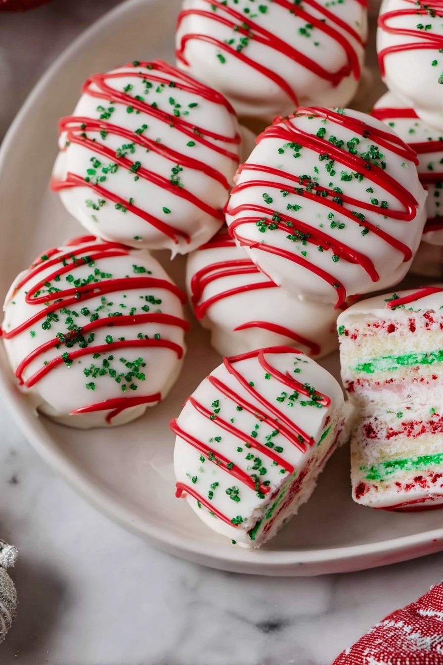 Christmas Tree Cake Truffles, Christmas Tree Cake dessert, holiday truffles recipe, festive cake truffles, no-bake holiday treats - A white round plate holds several small round treats, each layer smooth and covered with white icing. Red icing is drizzled over the top in curved lines, creating a festive look. Small green sprinkles are scattered across the white icing, adding texture and color contrast. The plate is placed on a white marbled surface. Part of a square treat with the same colors and decorations is visible on the right side of the plate, slightly bigger and showing three layers. photo taken with an iphone --ar 2:3 --v 7