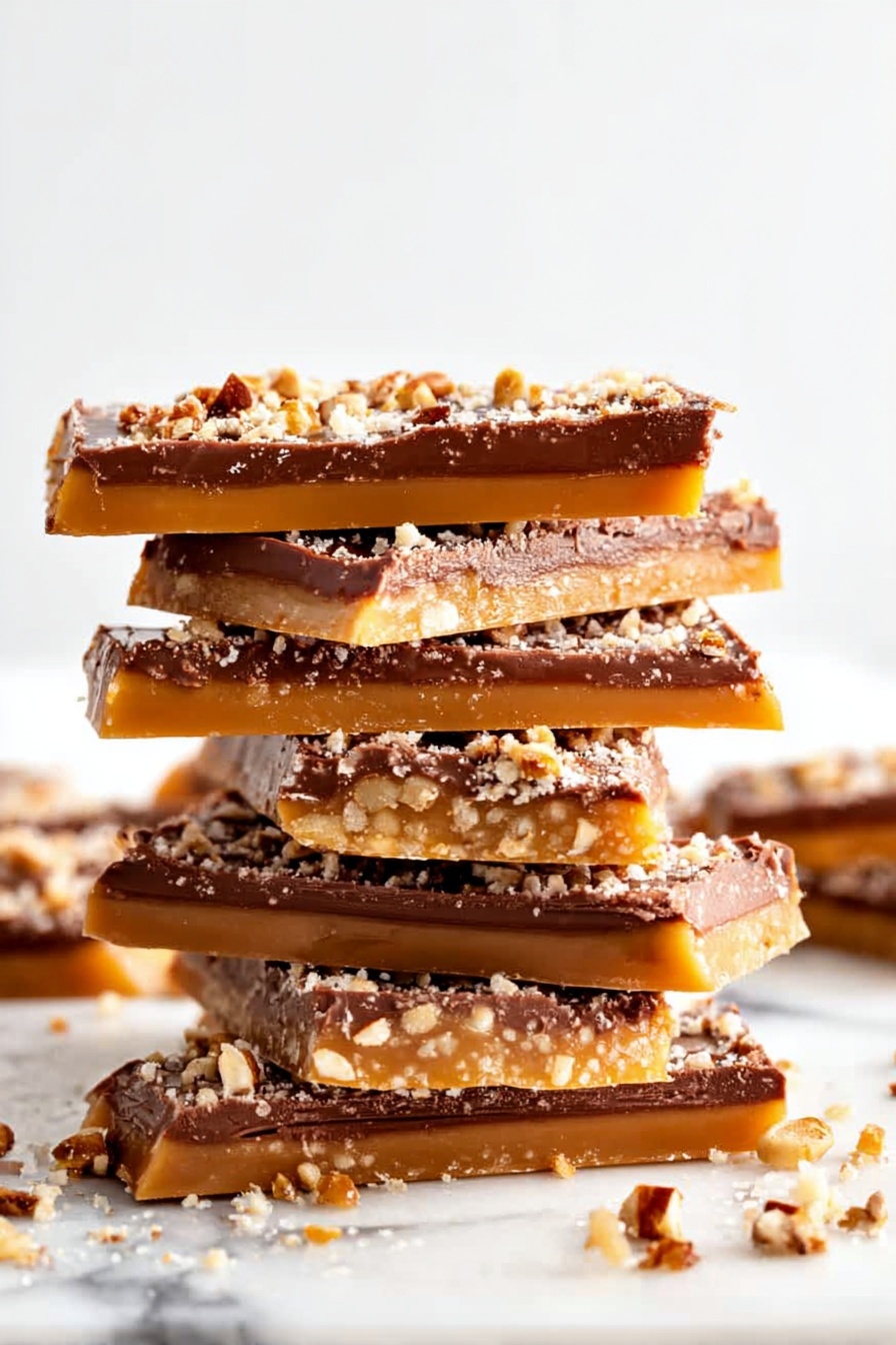 Homemade Toffee with Chocolate and Pecans, decadent chocolate pecan toffee, easy homemade candy, buttery toffee recipe, crispy chocolate topping - The image shows a stack of chocolate-covered bars with three clear layers: a bottom layer of light golden caramel, a middle layer of orange toffee, and a thick top layer of dark glossy chocolate sprinkled with crushed pale and brown nuts. The bars are cut into irregular rectangles and angled on a shiny metal tray, with one piece tilted to show the caramel and toffee layers inside. The background has a white marbled texture. photo taken with an iphone --ar 2:3 --v 7