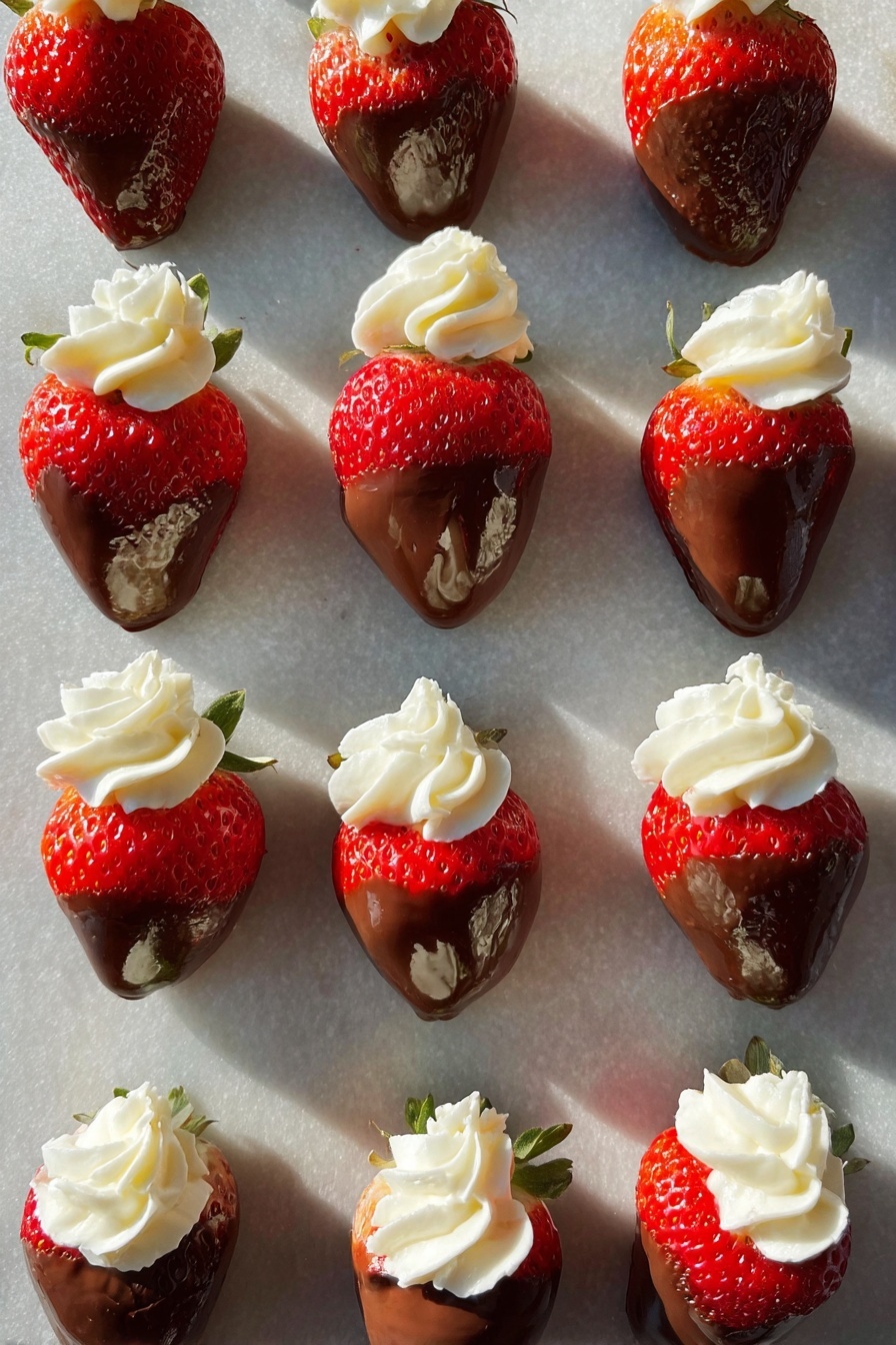 Chocolate Cheesecake Strawberries, chocolate strawberry dessert, easy strawberry dessert, no-bake cheesecake strawberries, decadent fruit treat - The image shows a grid of fresh strawberries, each dipped halfway in smooth milk chocolate forming the bottom layer with a shiny, slightly rippled texture. On top of the strawberry's bright red part, there is a generous swirl of cream with a soft, fluffy texture that stands out in white against the red and brown. The strawberries are arranged evenly on a flat surface with a light white marbled texture, casting long soft shadows from natural light coming from one side. The overall look is neat and appetizing, with clear details of the strawberry seeds and the creamy topping photo taken with an iphone --ar 2:3 --v 7
