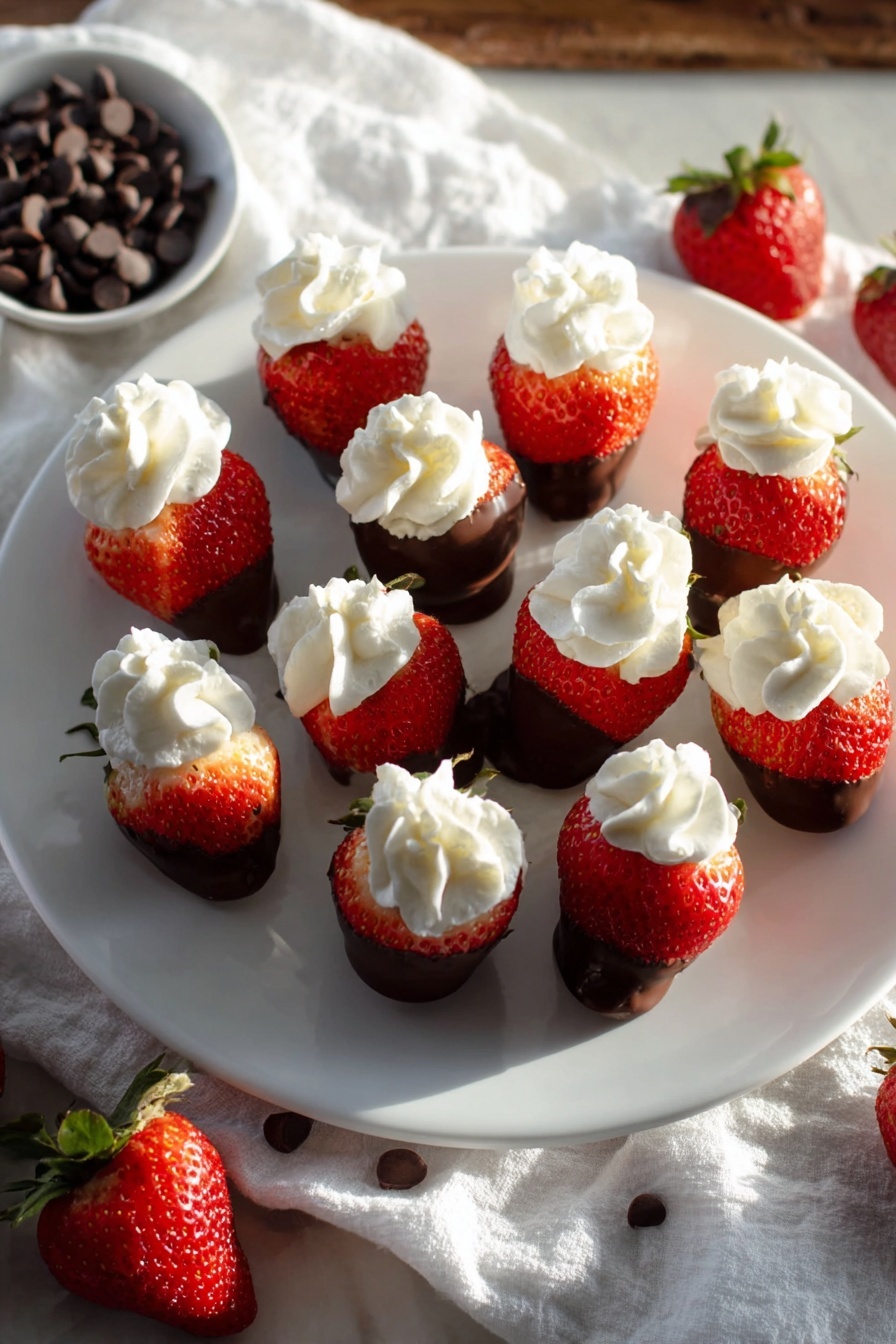 Chocolate Cheesecake Strawberries, chocolate strawberry dessert, easy strawberry dessert, no-bake cheesecake strawberries, decadent fruit treat - A white plate on a white marbled surface holds 13 strawberries, each dipped halfway in smooth milk chocolate at the bottom, showing the bright red juicy top half. On top of each strawberry is a swirl of white whipped cream, neatly piped in a floral shape. Around the plate, there are a few whole strawberries with green tops and some dark chocolate chips scattered on a white cloth. Soft sunlight shines from the side, casting gentle shadows and highlighting the glossy texture of the strawberries and chocolate. Photo taken with an iphone --ar 2:3 --v 7