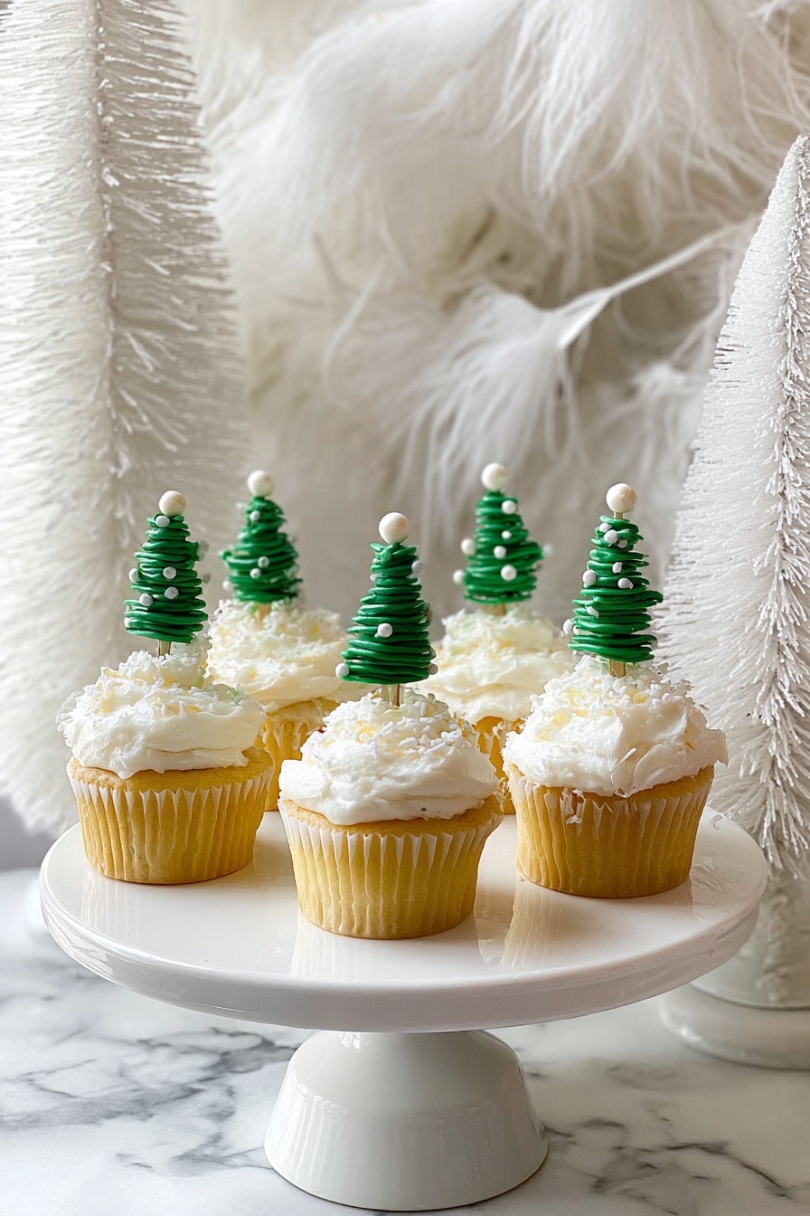 Easy Buttercream Frosting for Cupcakes, vanilla frosting recipe, homemade cupcake frosting, simple buttercream icing, quick frosting for cupcakes - There are six yellow cupcakes on a white cake stand with a simple round base. Each cupcake has a thick, uneven layer of white frosting on top. Stuck into the frosting of each cupcake is a small green Christmas tree decoration made from a spiral shape, decorated with small white balls to look like snow or ornaments. The background includes soft white feathers and white textured tree shapes, all set on a white marbled surface. photo taken with an iphone --ar 2:3 --v 7