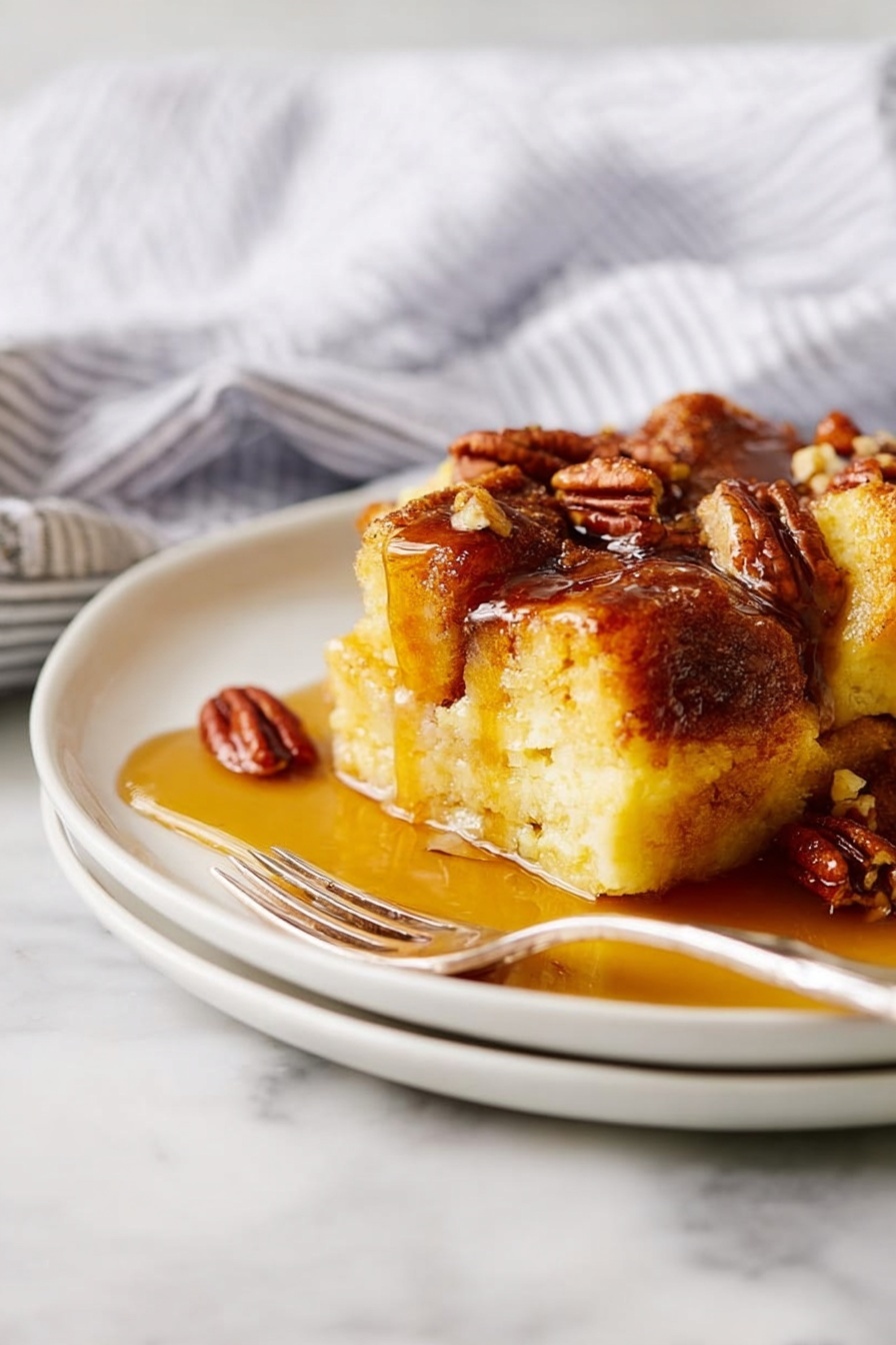 French Toast Casserole with Pecans, breakfast casserole with pecans, easy French toast bake, weekend brunch ideas, overnight breakfast casserole - The image shows a white plate with a thick slice of bread pudding that has a golden-brown crust on top and a soft, yellow inside. The bread pudding is topped with a shiny layer of syrup that flows down the sides and pools on the plate. Scattered around the pudding are small pieces of brown pecans, adding texture and color contrast. A silver fork is placed near the edge of the plate, resting on a white marbled surface. In the background, a white and gray striped cloth is slightly blurred, giving a cozy and simple setting. photo taken with an iphone --ar 2:3 --v 7