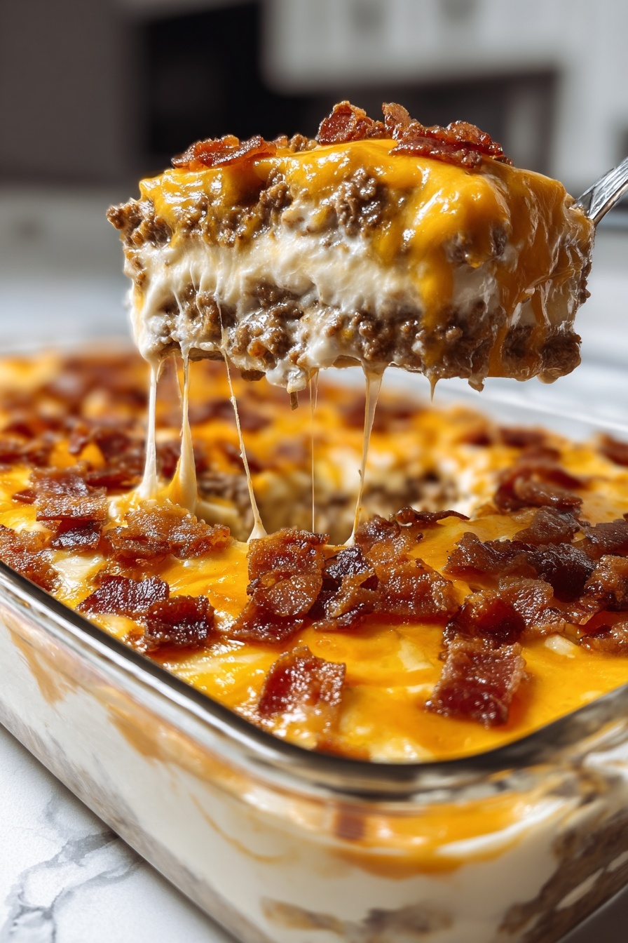 Sausage Breakfast Casserole, breakfast casserole with sausage, cheesy breakfast bake, easy breakfast casserole, hearty morning casserole - A clear glass rectangular dish filled with a multi-layered casserole placed on a white marbled surface, showing three layers from the side: the bottom layer is ground beef, followed by a creamy white sauce layer, topped by bright orange melted cheese, generously covered with small crispy pieces of cooked bacon. A fork is scooping out a portion from the corner of the dish, lifting some of the layers with visible melted cheese stretching slightly. The kitchen background is blurred with soft lighting, focusing on the rich textures and colors of the dish. photo taken with an iphone --ar 2:3 --v 7