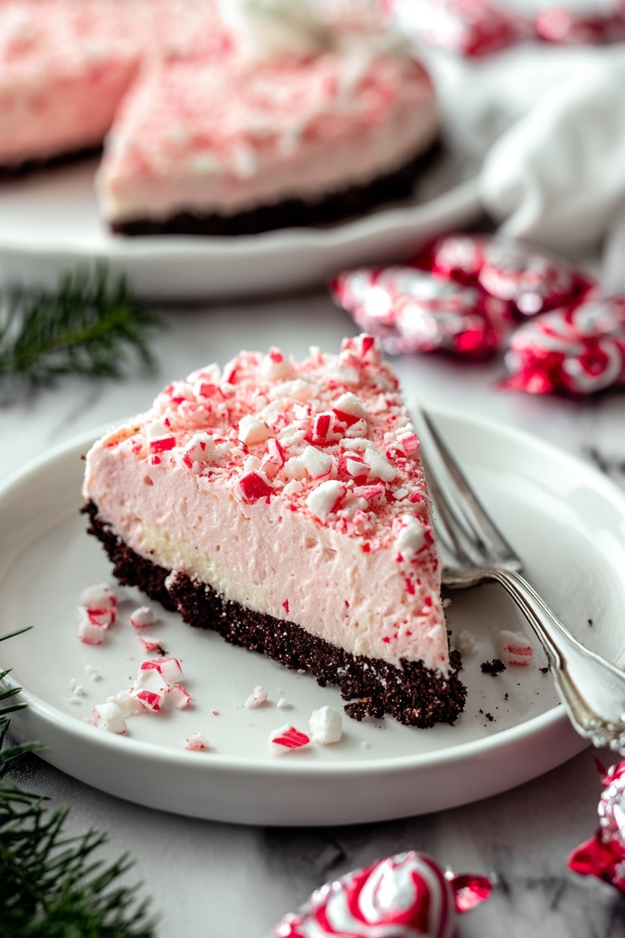No Bake Peppermint Pie, peppermint dessert, easy holiday desserts, festive no-bake pies, Christmas peppermint treat - A slice of dessert with two layers sits on a white plate with a silver fork on the right side. The bottom layer is dark brown and firm, looking like a crumbly base. The top layer is thick, creamy, and light pink, covered with small white and red crushed pieces scattered on top. In the background, more of the dessert is on a white plate, and red-and-white striped candy pieces are scattered nearby, some still in shiny wrappers. The surface under everything is a white marbled texture with some green pine leaves in the lower part of the image. photo taken with an iphone --ar 2:3 --v 7