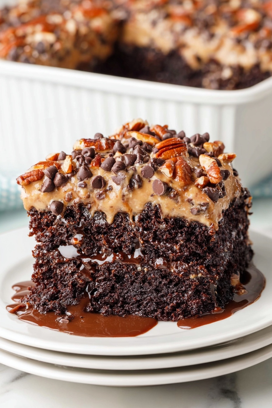 German Chocolate Poke Cake, chocolate poke cake recipe, coconut pecan cake, easy German chocolate dessert, moist chocolate cake with fudge - A slice of rich dark chocolate cake sits on a white plate with three stacked white plates underneath, on a white marbled surface. The cake has one thick layer of moist, dark chocolate cake with a slightly shiny texture. On top is a layer of light caramel-colored frosting covered with chocolate chips and whole pecans scattered evenly across. There is some chocolate sauce pooling around the base of the slice, adding a shiny, wet look. In the background, more of the cake is seen in a white baking dish. Photo taken with an iphone --ar 2:3 --v 7