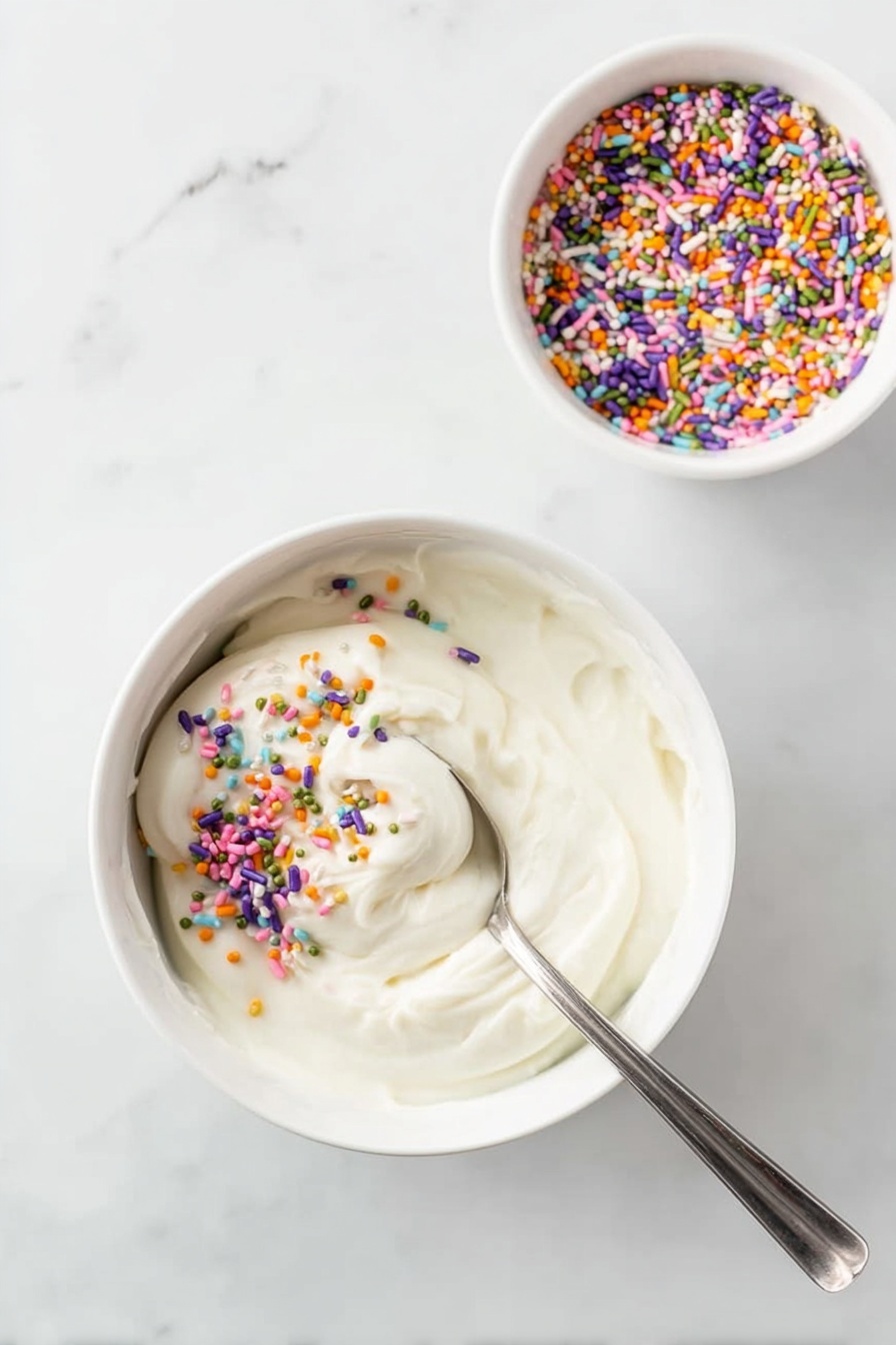 Protein Dunkaroo Dip, healthy adult dunkaroo dip, high-protein snack dip, quick sweet dips, easy party dip - A white bowl filled with thick white frosting, with a silver spoon partially dipped inside and covered with colorful rainbow sprinkles in purple, orange, green, pink, and blue, sitting on a white marbled surface. Next to the bowl, there is a smaller white bowl filled with the same rainbow sprinkles. The frosting looks smooth and creamy with some soft ridges where the spoon has moved. Photo taken with an iphone --ar 2:3 --v 7