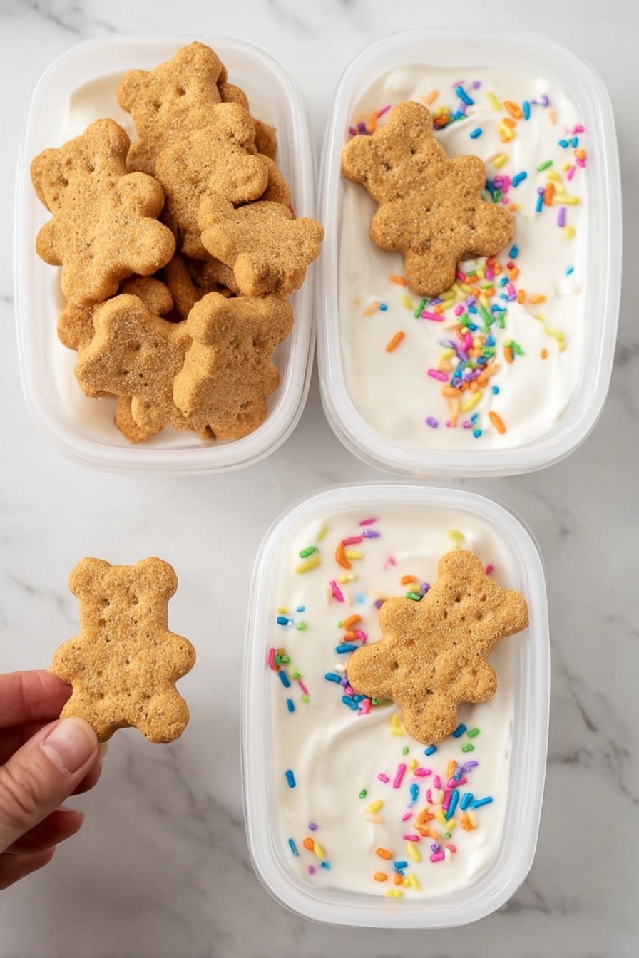 Protein Dunkaroo Dip, healthy adult dunkaroo dip, high-protein snack dip, quick sweet dips, easy party dip - The image shows two pairs of white plastic containers placed on a white marbled surface. Each pair contains teddy bear-shaped graham crackers in one compartment and creamy white yogurt with colorful sprinkles in the other. Each yogurt section has a single teddy bear cracker placed on top. The teddy bear crackers are golden brown with a slightly rough texture, while the yogurt is smooth and thick with vibrant rainbow sprinkles scattered on the surface. A woman's hand holds one teddy bear cracker near the bottom left container, ready to dip it into the yogurt. Photo taken with an iphone --ar 2:3 --v 7