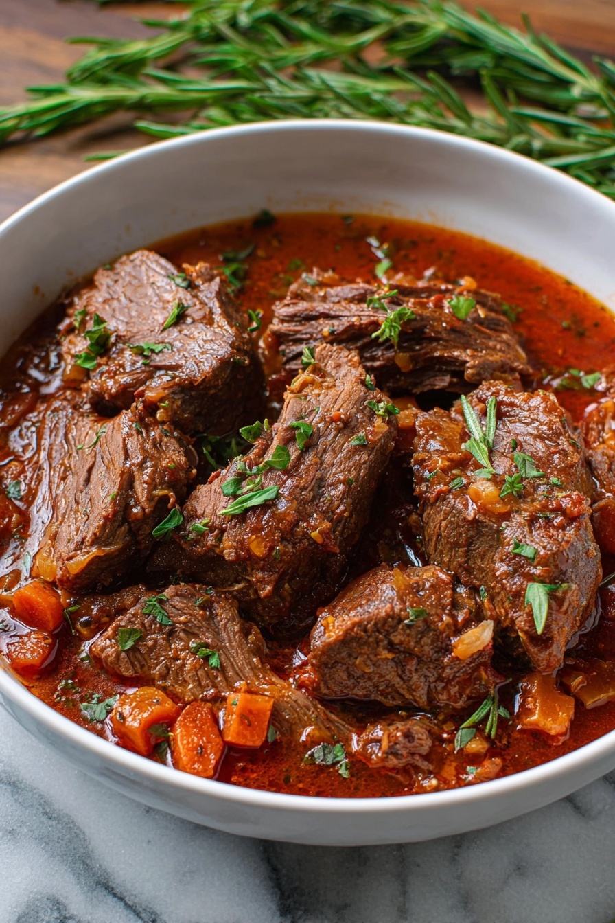 Italian Pot Roast Beef, Italian Pot Roast Recipe, Hearty Italian Beef Dinner, Easy Italian Roast, Comfort Food Italian Roast - A white bowl filled with a thick red-brown stew containing several large pieces of cooked beef. The beef pieces have a firm texture with some visible fibers, and they are sitting partially submerged in the rich sauce that has visible chunks of orange carrots and small bits of herbs and onions. The dish is garnished with small green herb leaves scattered over the top. The bowl is placed on a white marbled surface with a sprig of green rosemary nearby. Photo taken with an iphone --ar 2:3 --v 7