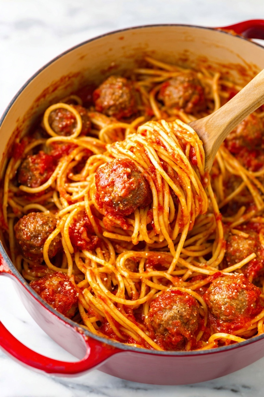 Easy Spaghetti and Meatballs, classic spaghetti and meatballs, homemade meatballs with tomato sauce, quick Italian dinner recipes, comforting pasta dishes - A red pot filled with long yellow spaghetti noodles mixed with chunky red tomato sauce, evenly coating the noodles. There are several round brown meatballs spread through the noodles, some partially covered in sauce. A wooden spoon is lifting one meatball and some noodles, showing the texture of the sauce and meatballs clearly. The pot is placed on a white marbled surface. photo taken with an iphone --ar 2:3 --v 7