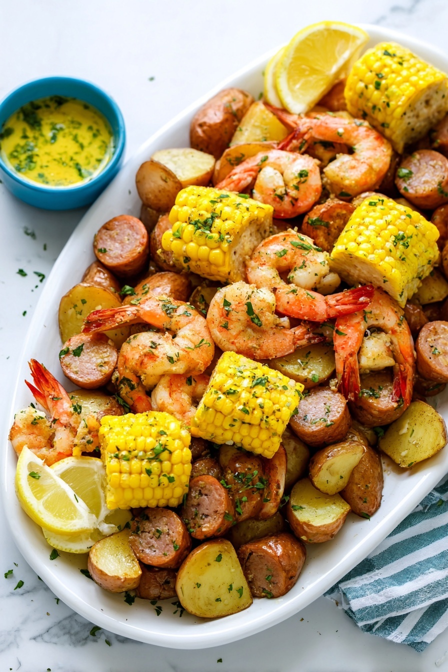 Old Bay Shrimp Boil, seafood boil recipe, easy seafood dinner, quick shrimp boil, seafood party idea - A large white oval plate is filled with three main layers: the first layer is a base of halved small roasted potatoes with a golden-brown skin; the second layer includes thick slices of browned sausage scattered evenly; the top layer features cooked pink shrimp with tails on, mixed with bright yellow corn on the cob pieces cut into thick rounds, all sprinkled with chopped green herbs. On the edge of the plate, there are two lemon wedges in a bright yellow color. The plate sits on a white marbled surface with a small blue bowl of yellow garlic butter sauce garnished with herbs nearby. Photo taken with an iphone --ar 2:3 --v 7