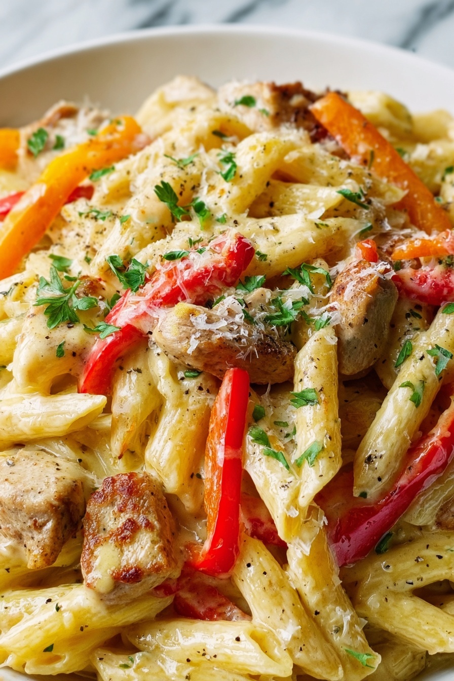 Creamy Cajun Chicken Pasta, Cajun Chicken Pasta, Cajun pasta recipes, creamy pasta dishes, easy Cajun chicken recipes - The image shows a close-up of a white bowl filled with a creamy pasta dish. The pasta is penne, light yellow in color, coated in a rich, smooth sauce. Mixed in are pieces of light brown cooked chicken and bright red and orange bell pepper slices. Small green parsley leaves are scattered on top, adding a fresh touch. The dish is also sprinkled with grated cheese and black pepper, which add texture and small contrasting colors. The bowl sits on a white marbled surface. Photo taken with an iphone --ar 2:3 --v 7