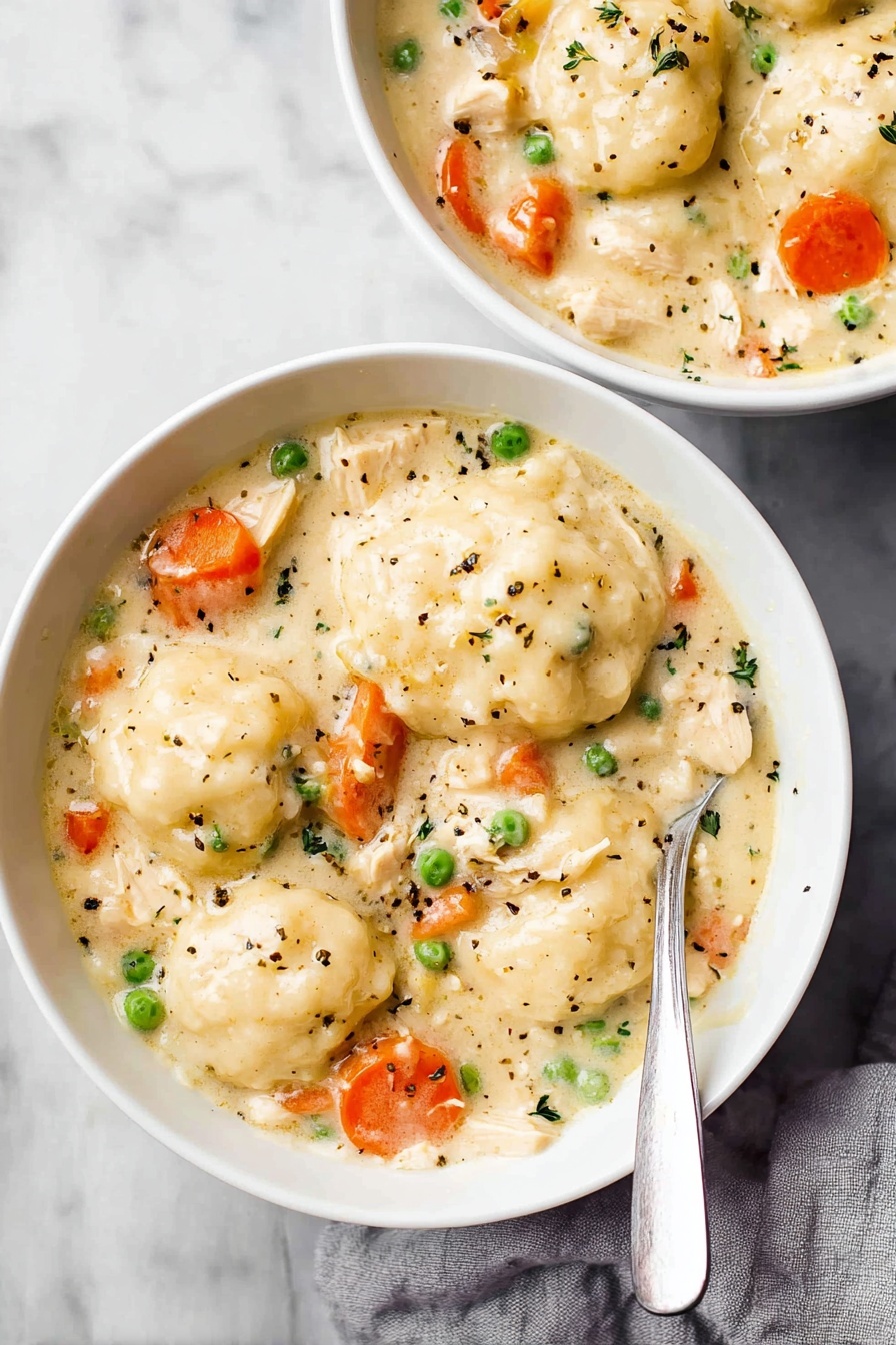 Vegan Chicken and Dumplings, vegan comfort food, plant-based chicken stew, vegan dumplings recipe, dairy-free chicken and dumplings - The image shows two white bowls filled with thick, creamy chicken stew with three layers of soft, round dumplings floating on top. The stew is light beige with visible chunks of white chicken pieces, bright orange carrot slices, and green peas evenly mixed throughout. The texture looks rich and smooth, dotted with black pepper and herbs. A silver spoon sits inside the bottom bowl. The bowls are placed on a white marbled surface with a soft gray cloth partly under them. Photo taken with an iphone --ar 2:3 --v 7