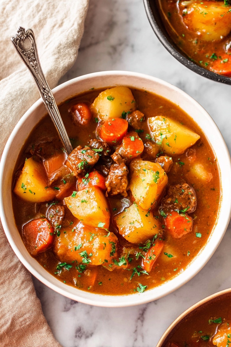 Vegan Irish Stew with Beer, Irish vegan stew, plant-based Irish stew, hearty vegan stew, vegan Guinness stew - The image shows a white bowl filled with a thick stew made of large, soft potato chunks, round carrot slices, and browned meat pieces in a rich, brownish-orange sauce. Fresh green herbs are sprinkled on top for color contrast. A silver spoon with an ornate handle is resting inside the bowl, partially submerged in the stew. The bowl is placed on a white marbled surface with a beige cloth partially visible in the upper left corner. Part of another similar bowl is visible at the top right edge. photo taken with an iphone --ar 2:3 --v 7