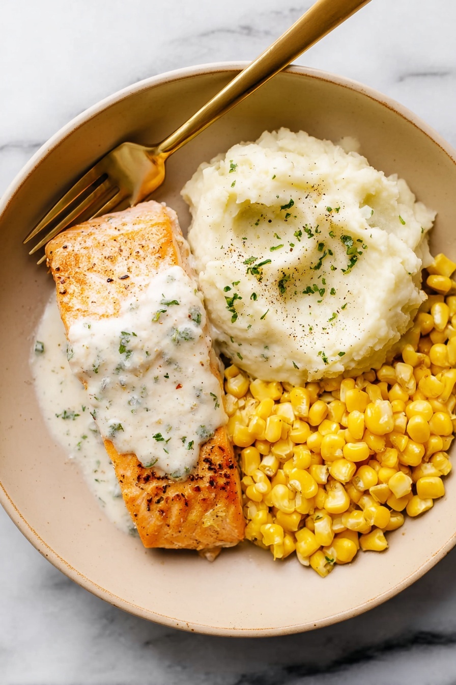 Creamy Lemon Salmon, Lemon Salmon Dinner, Easy Salmon Recipes, Healthy Salmon Main Dish, Quick Seafood Recipes - The image shows four pieces of golden-brown fish fillets, each topped with a creamy white sauce that has a smooth, slightly thick texture with small green herb flakes. The fillets lie in a pool of the same white sauce. There are two lemon wedges visible, one partially submerged in the sauce and one resting on the side, with bright yellow skin and pale juicy interiors. The background is a white marbled texture. photo taken with an iphone --ar 2:3 --v 7