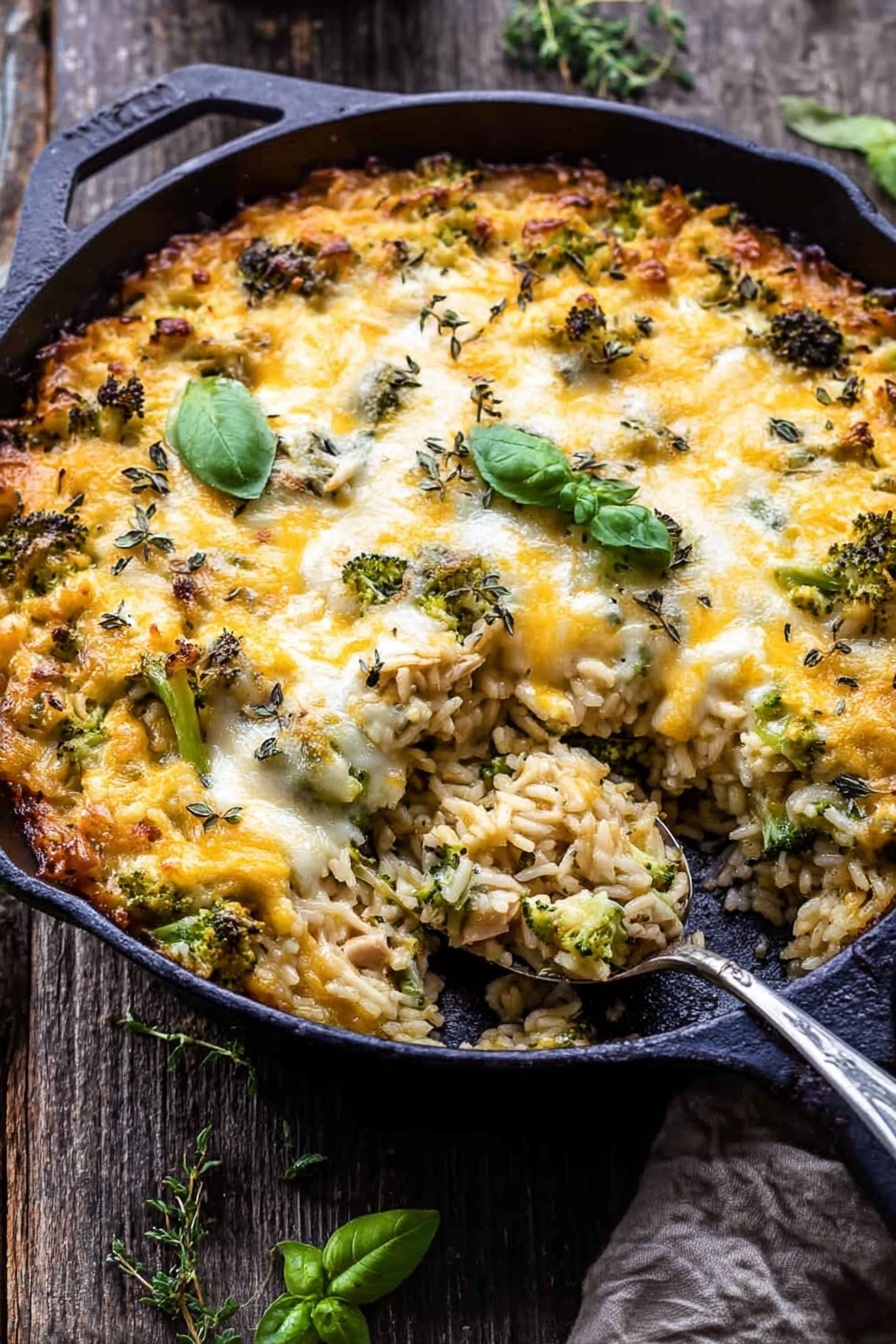 Cheesy Broccoli Orzo Bake, easy cheesy broccoli pasta, healthy broccoli casserole, creamy baked orzo, quick weeknight dinner - A black cast-iron pan filled with a baked casserole showing at least three layers: the bottom layer consists of cooked rice mixed with small pieces of broccoli and shredded chicken, the middle layer has melted cheese with both white and orange shades evenly spread, and the top layer is a slightly browned cheese crust dotted with green basil and thyme leaves. A silver spoon scoops out a portion, revealing the soft texture of the rice and broccoli underneath the cheesy surface. The pan rests on a textured wooden table with some green leaves scattered nearby. photo taken with an iphone --ar 2:3 --v 7
