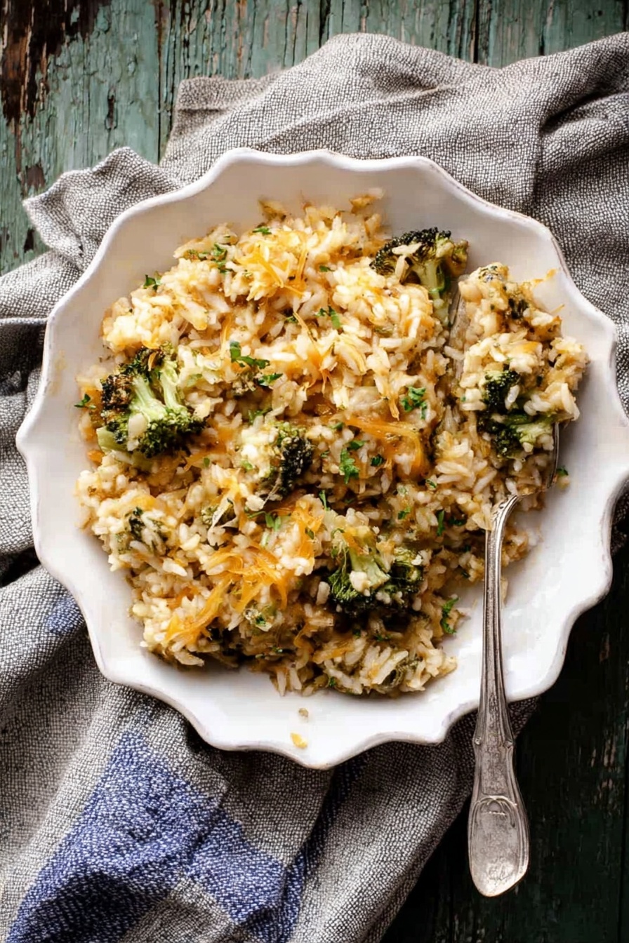 Cheesy Broccoli Orzo Bake, easy cheesy broccoli pasta, healthy broccoli casserole, creamy baked orzo, quick weeknight dinner - The image shows a baked dish with a golden, bubbly layer of melted cheese on top that looks slightly crispy at the edges. Underneath the cheese are visible chunks of green broccoli and a mix of rice or small pasta, which seem soft and mixed well with creamy sauce. Fresh green basil leaves and small sprigs of herbs are scattered on top as garnish. The dish is in a dark round pan placed on a white marbled surface with a silver serving spoon slightly scooping some of the baked food, revealing the cheese stretching and the mixed texture inside. photo taken with an iphone --ar 2:3 --v 7