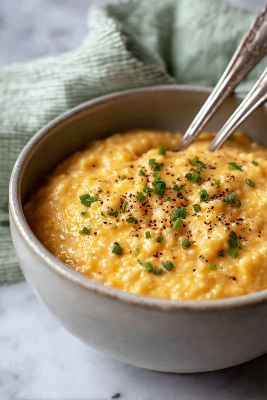 Cheesy Quinoa, cheesy quinoa recipe, healthy cheesy quinoa, creamy quinoa dish, easy quinoa with cheese - A light gray bowl is filled with a creamy, slightly lumpy dish that has a warm yellow-orange color. The surface is sprinkled with small pieces of green herbs and tiny black pepper specks, adding contrast to the warm color. Two silver spoons rest inside the bowl. The bowl sits on a white marbled surface with a soft-focus green and white cloth in the background. photo taken with an iphone --ar 2:3 --v 7