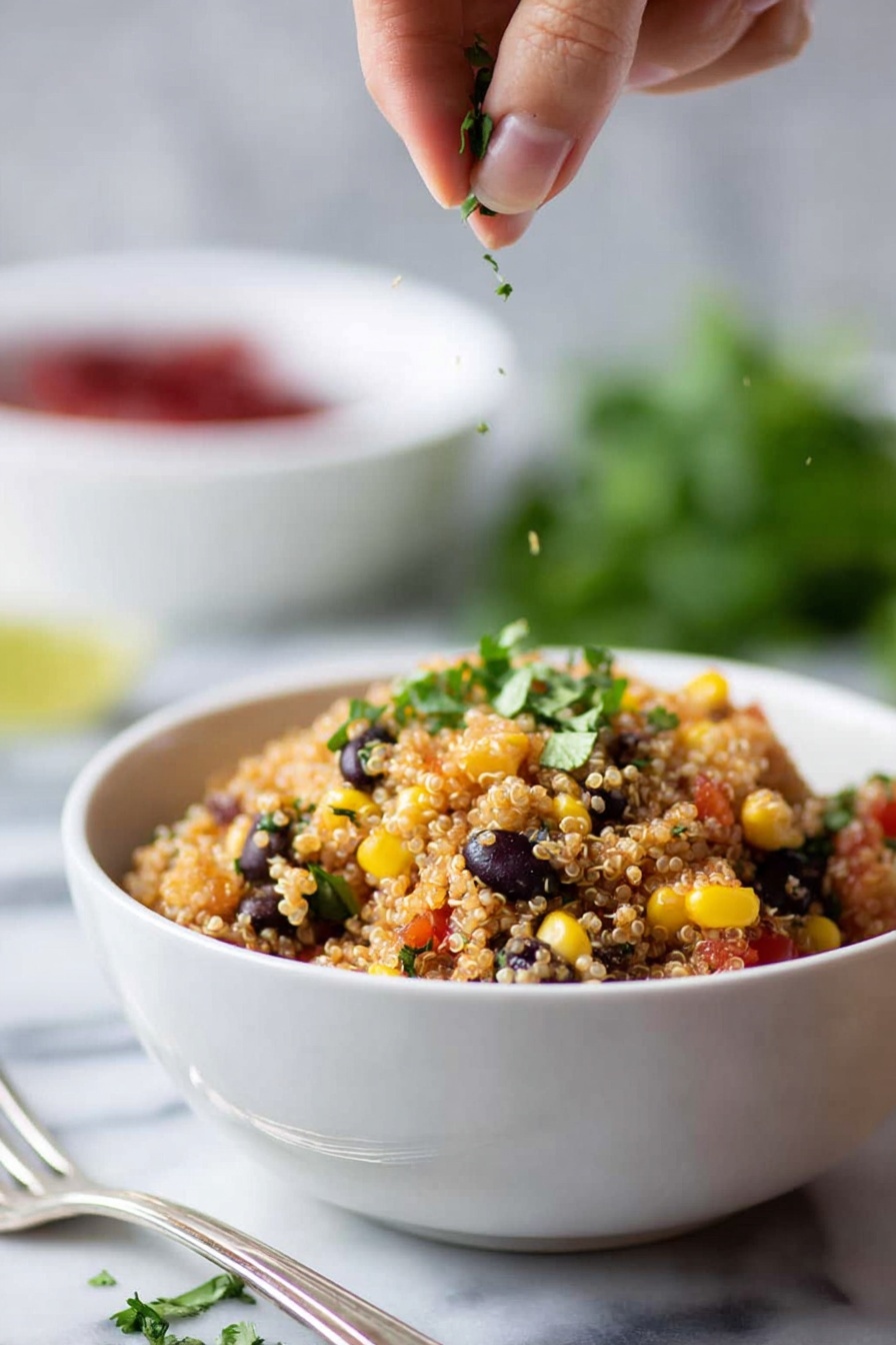 Easy Mexican Quinoa Bowl, Mexican quinoa bowl ingredients, quick healthy quinoa bowls, vegetarian Mexican quinoa meal, simple Mexican quinoa dinner - A white bowl filled with quinoa salad showing a mix of colors and textures; the base layer is light brown quinoa, mixed with black beans, yellow corn kernels, and small red tomato pieces scattered throughout. On top, small green cilantro leaves are visible, some being sprinkled by a woman's hand from above. The background surface is white marbled with a blurred white bowl with red ingredients in the top left background and some green cilantro on the left side of the image. A silver fork rests beside the bowl on the white marbled surface photo taken with an iphone --ar 2:3 --v 7