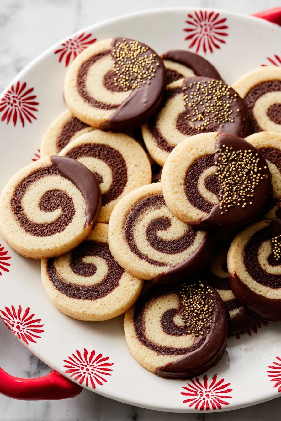 Chocolate Pinwheel Cookies, vanilla and chocolate swirl cookies, easy pinwheel cookies, holiday cookie recipes, impressive homemade cookies - A plate of spiral cookies is shown on a white ceramic plate with red flower-like designs and a red handle on a white marbled surface. Each cookie has two main layers: one light beige and one dark brown swirled together to form a spiral pattern. Some cookies are plain, showing only the two-layer swirl, and others are half dipped in dark chocolate with small golden sprinkles on the chocolate side. The cookies are arranged in a stacked, overlapping way that fills the plate and spills slightly onto the surface around it. Photo taken with an iphone --ar 2:3 --v 7