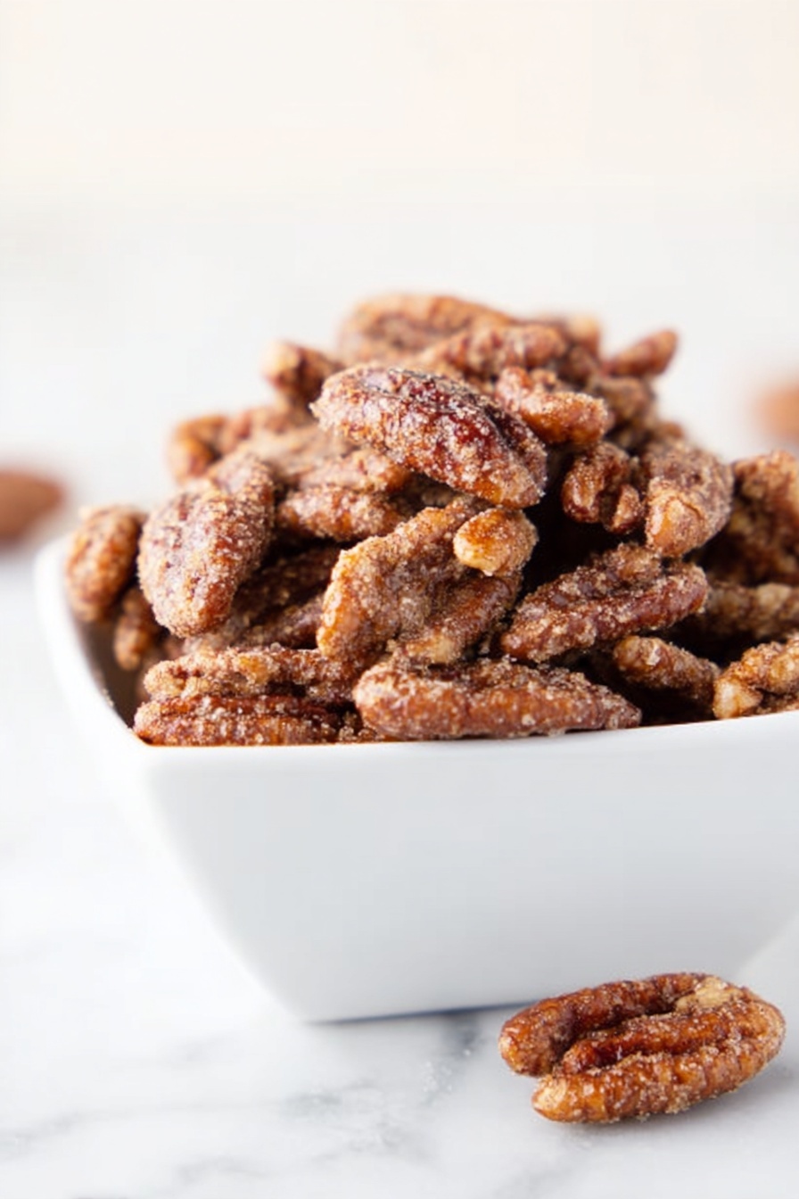 Cinnamon Sugar Pecans, cinnamon sugar pecans, homemade pecan snacks, crunchy sweet pecans, easy nut recipes - A white bowl filled with many pieces of sugared pecans piled high, each pecan piece covered in a crunchy, sparkling sugar layer giving a rough texture with colors ranging from light brown to darker brown on the nuts themselves. Some pieces show the clear shape of the pecan's ridges while others look more clustered with sugar crystals. The bowl sits on a white marbled surface with a soft, out-of-focus background of more pecans. photo taken with an iphone --ar 2:3 --v 7