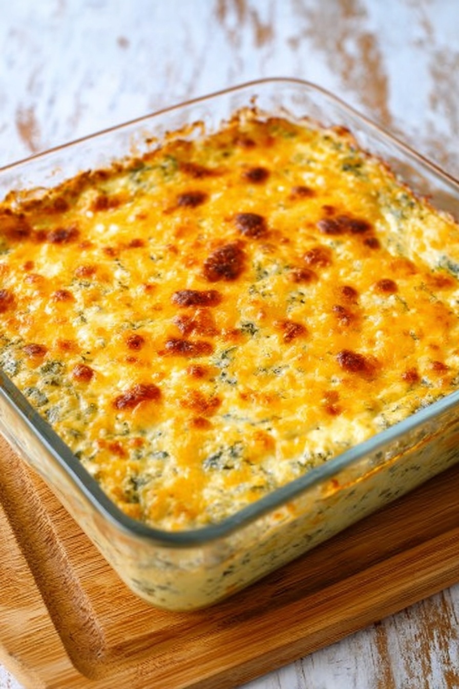 Bacon Spinach Artichoke Dip, creamy cheesy appetizer, easy bacon dip, hot spinach artichoke dip, crowd-pleaser appetizer - A glass square dish filled with a baked casserole that shows a golden brown melted cheese layer on top with small patches of darker brown, indicating a crispy texture. Below the cheese layer, a creamy mixture with visible green bits, likely herbs or vegetables, fills the rest of the dish. The dish is set on a wooden board, all photographed with a white marbled background visible around the edges. The overall look is warm and inviting with a soft, bubbly texture under the cheese layer photo taken with an iphone --ar 2:3 --v 7